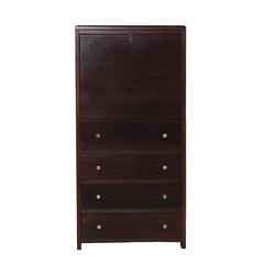 Mid Century Cabinet Dressing Valet Chest with Brass Pulls & Black Glass Top