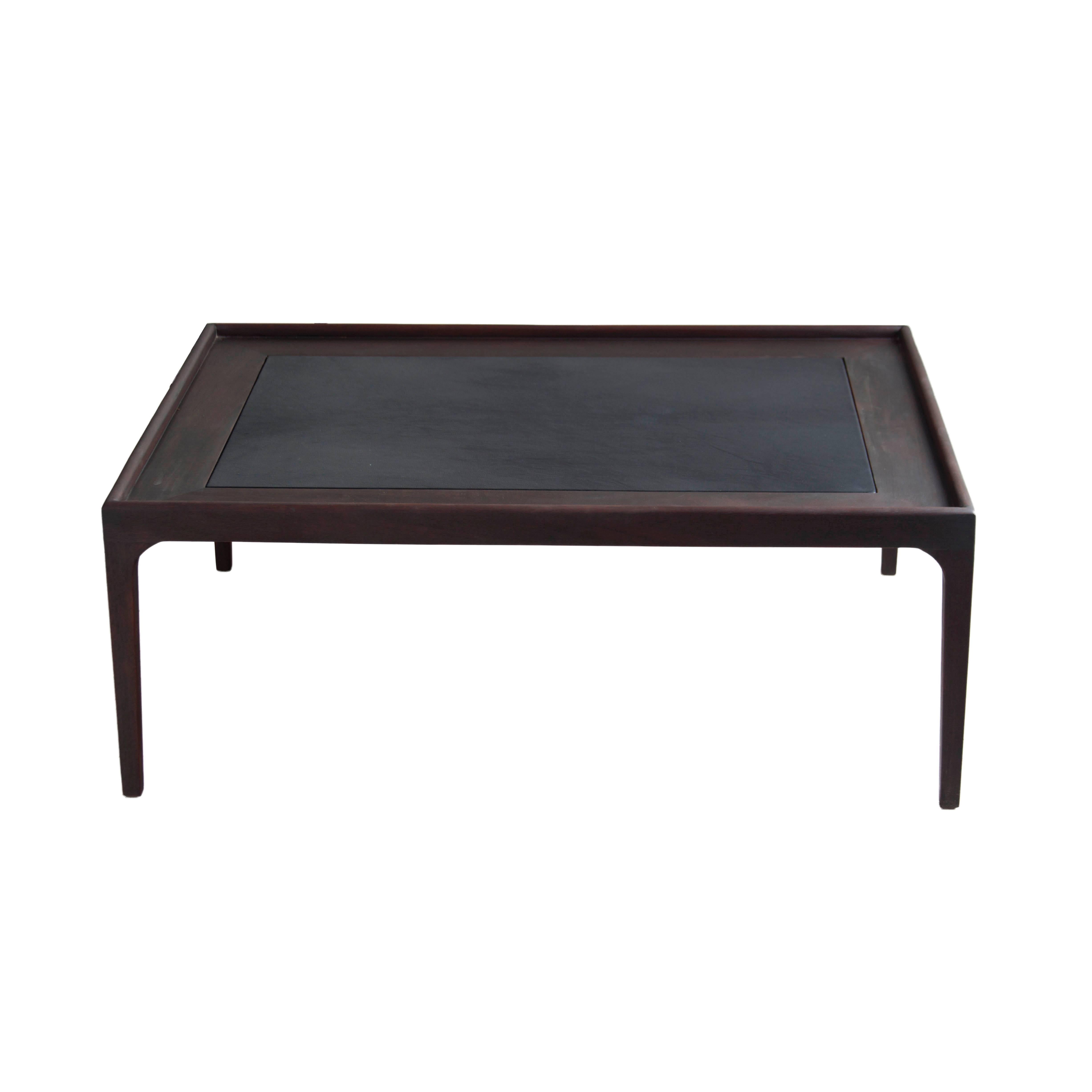 Mid-Century Mahogany Coffee Table with inset Black Leather Top 1
