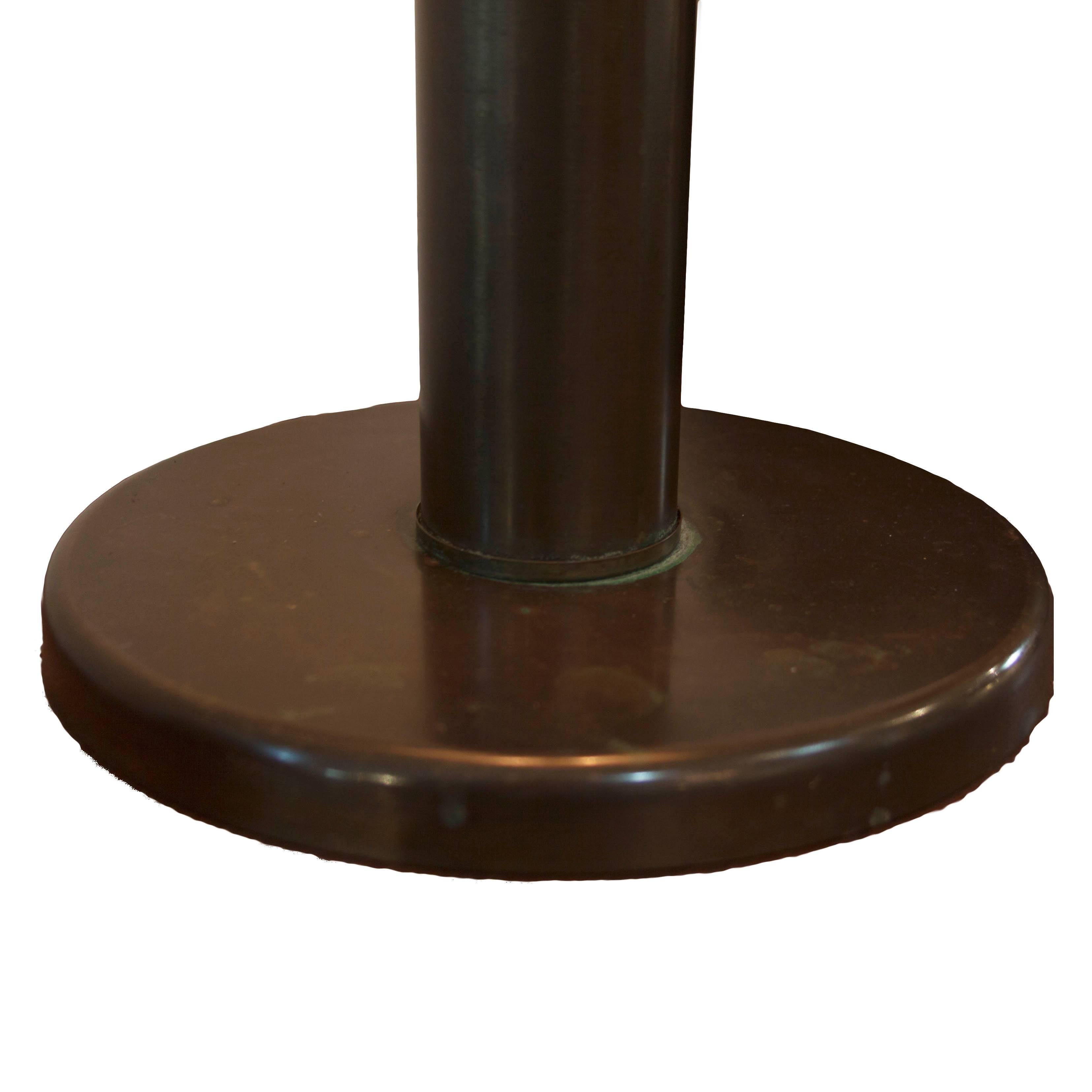 Mid-Century Modern bronze table lamp column with two sockets. Three-way light with linen shade.