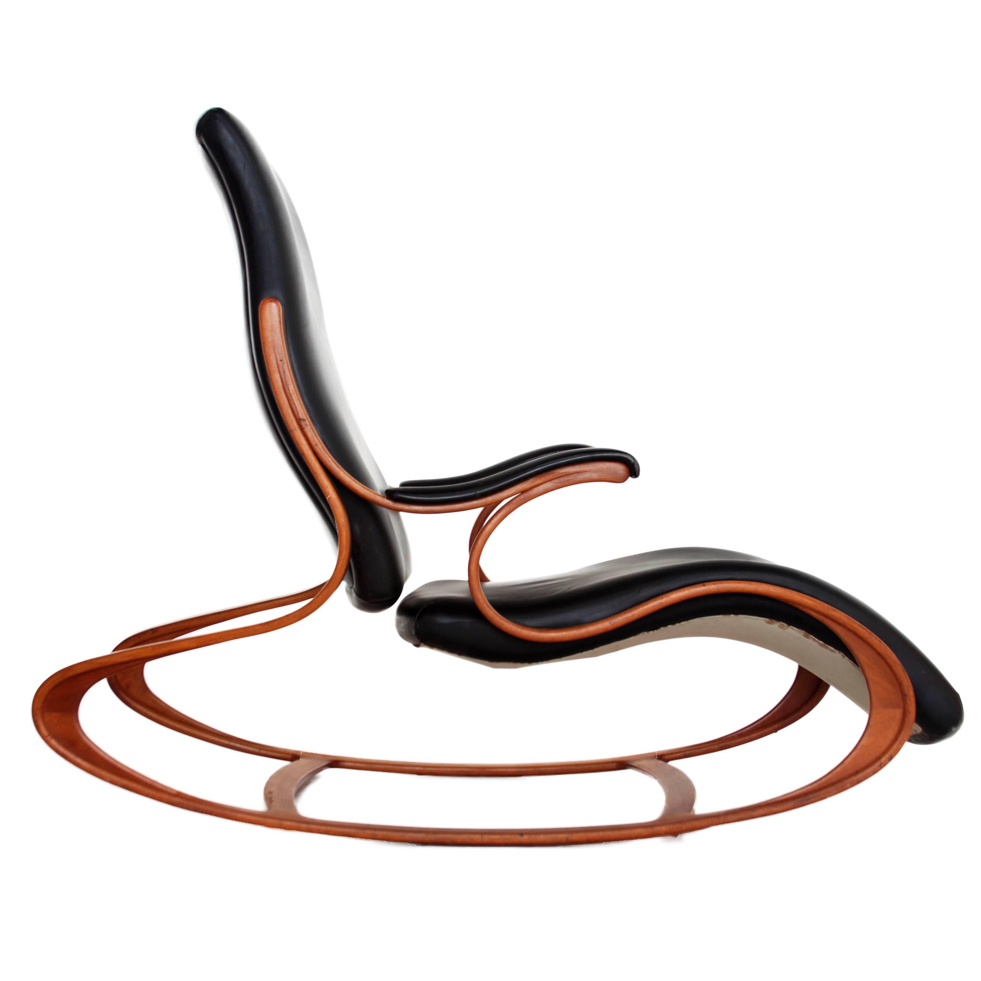 Mark Henion Rocking Chair Handcrafted Bent Wood & Black Leather  For Sale