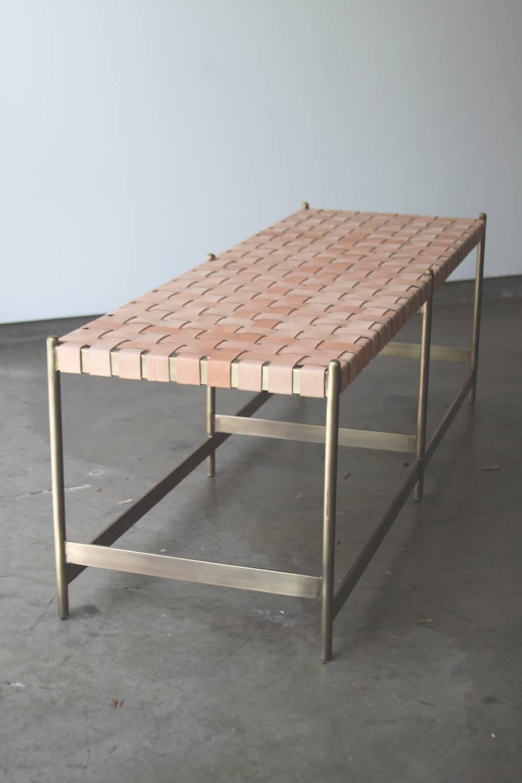 Mid-Century Modern Leather Strap Metal Bench by Thomas Hayes Studio For Sale