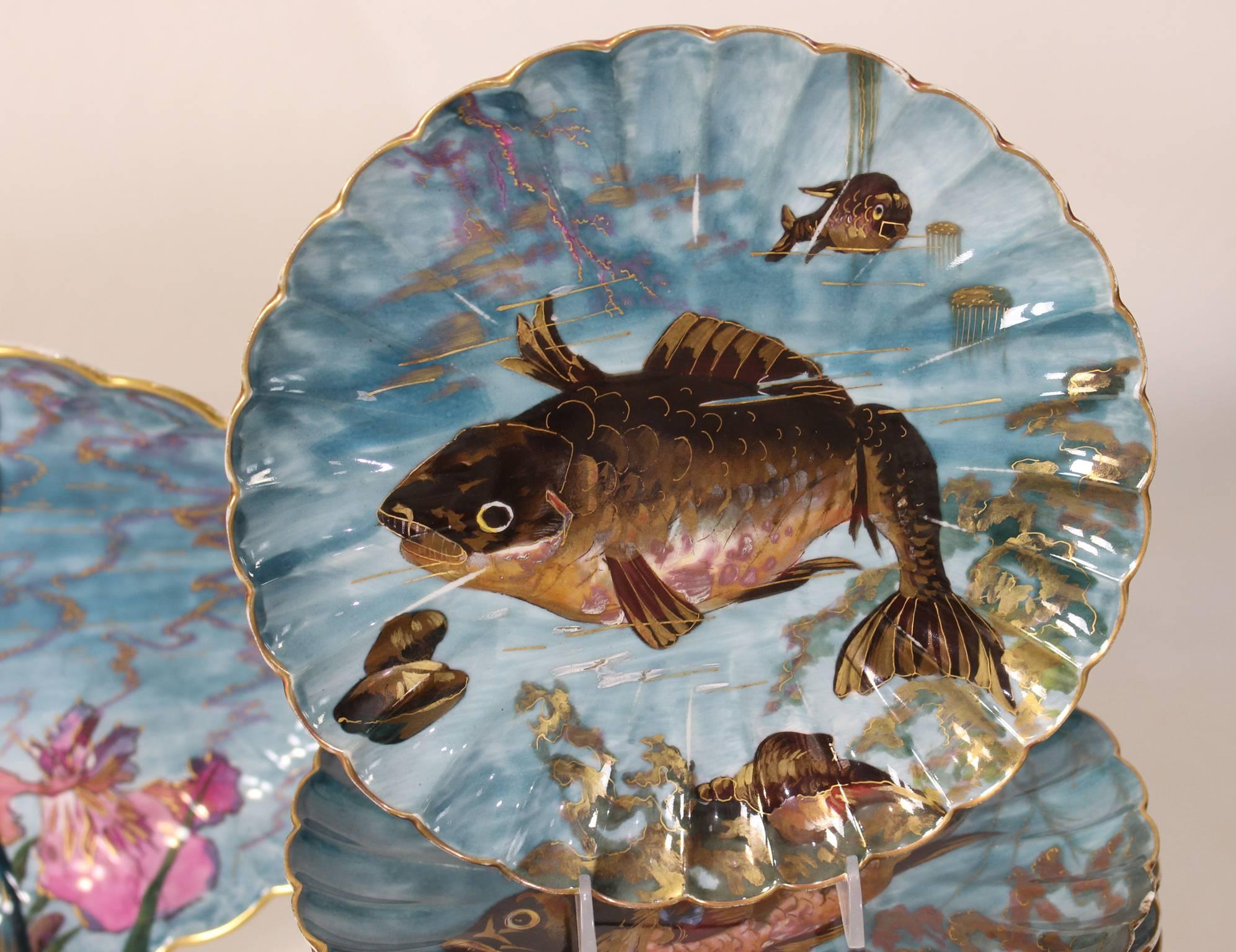 Limoges Hand-Painted Fish Service In Good Condition In Kilmarnock, VA