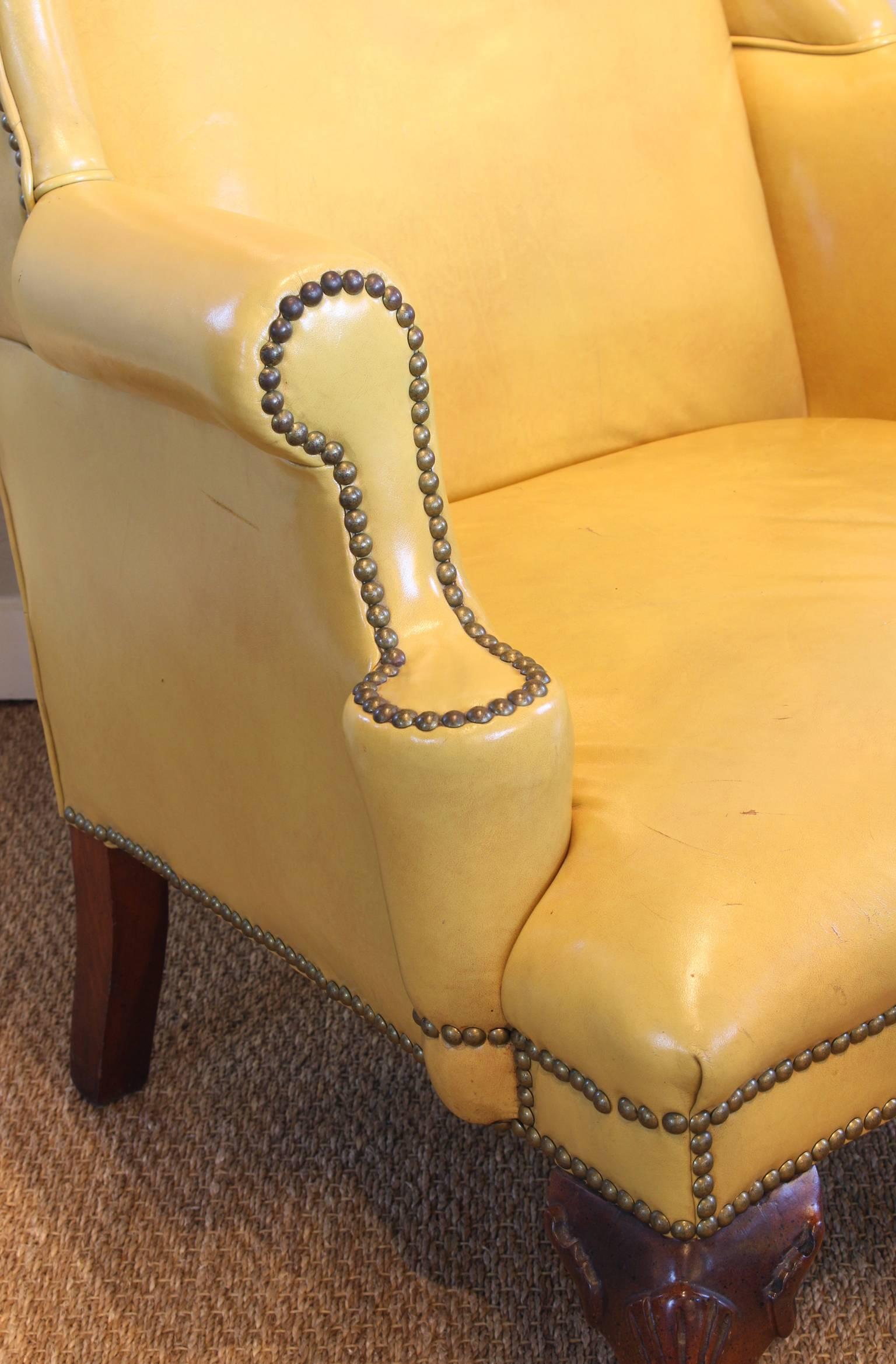 Unknown Mustard Yellow Leather Wing Chair