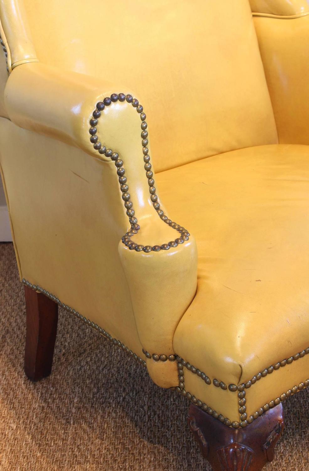 Mustard Yellow Leather Wing Chair at 1stdibs