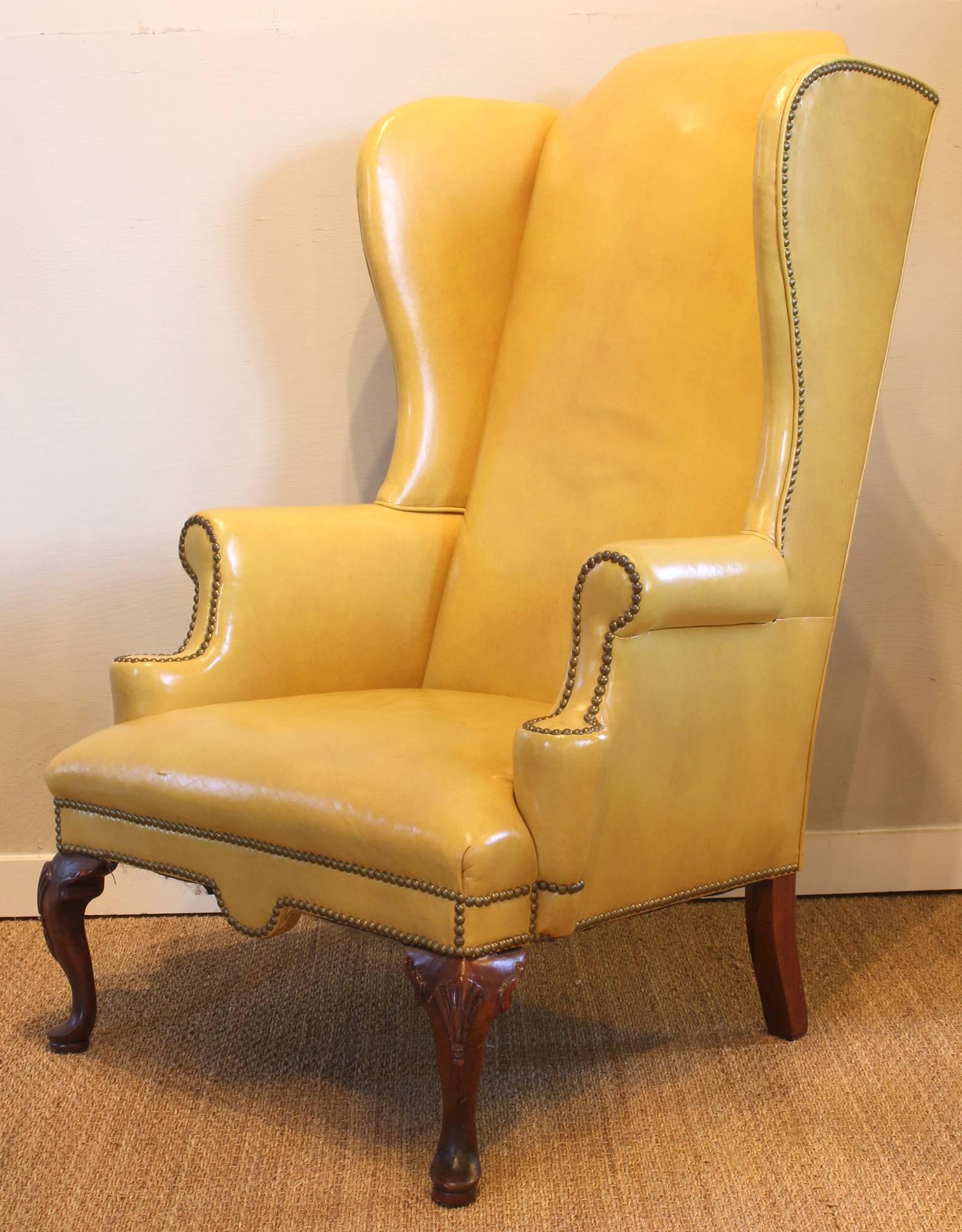 George III Mustard Yellow Leather Wing Chair