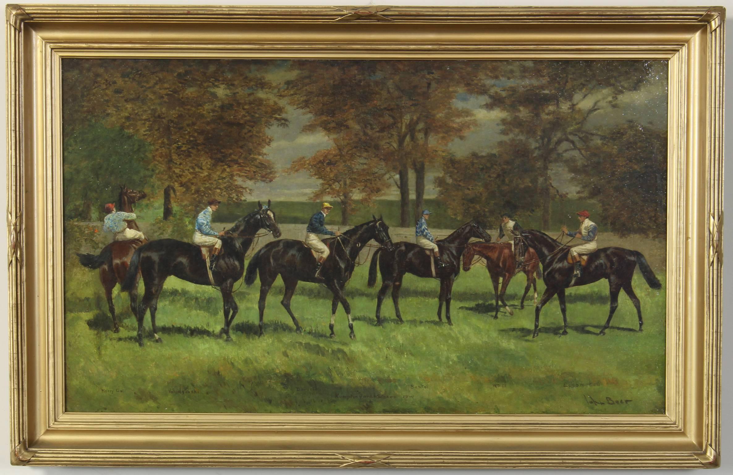 A large and important oil on canvas sporting painting by noted English artist John Beer (1860-1930). The painting names each horse depicted and is titled 
