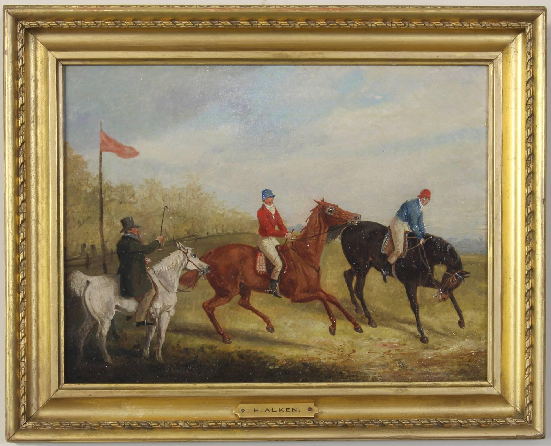 An exceptional pair of early 19th century English oil on canvas sporting paintings by Henry Thomas Alken (1785-1851) depicting a steeple chase with a provenance from Arthur Ackerman Gallery, New York.