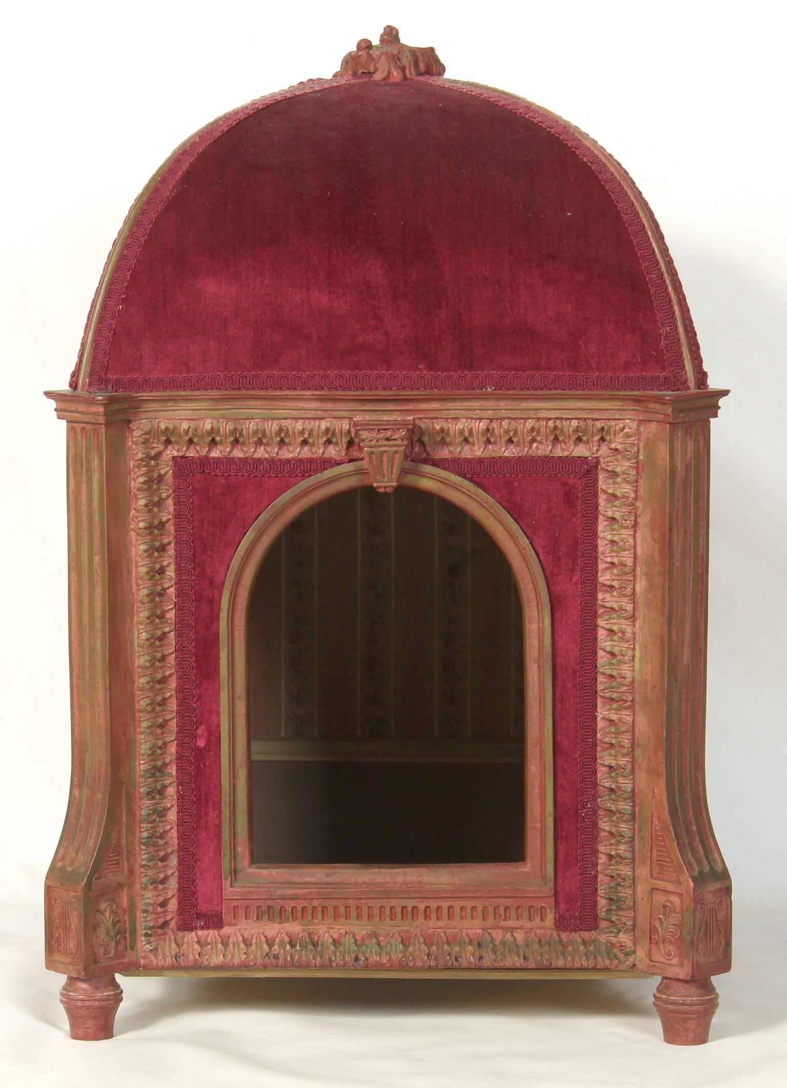 An elaborate French style upholstered cat kennel or bed made in England by Connoisseur Kennels, Surry, in the middle part of the 20th century.