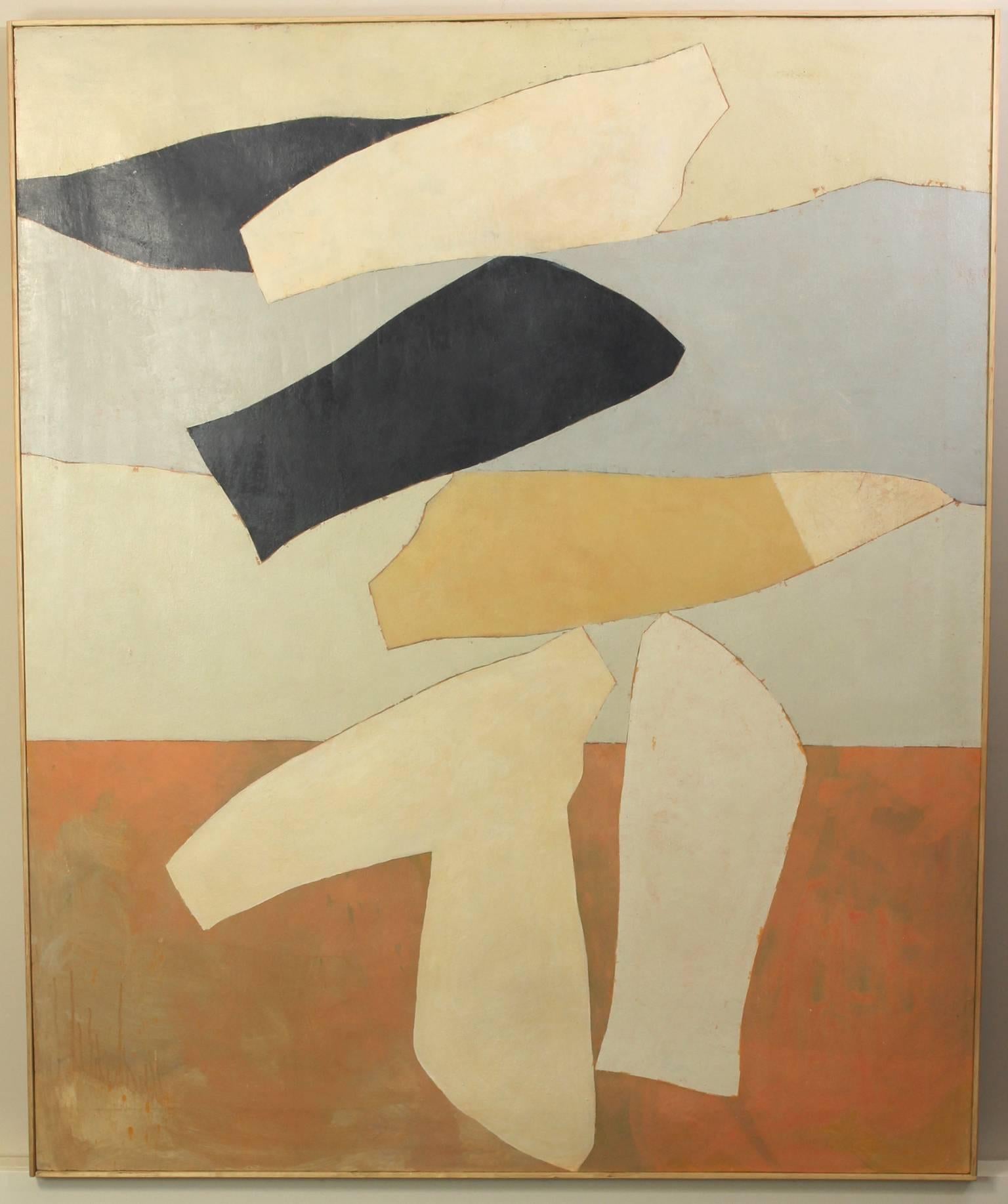 A very large late 20th century acrylic on canvas abstract painting in muted earth tones set in a limed wood frame by David Bell.