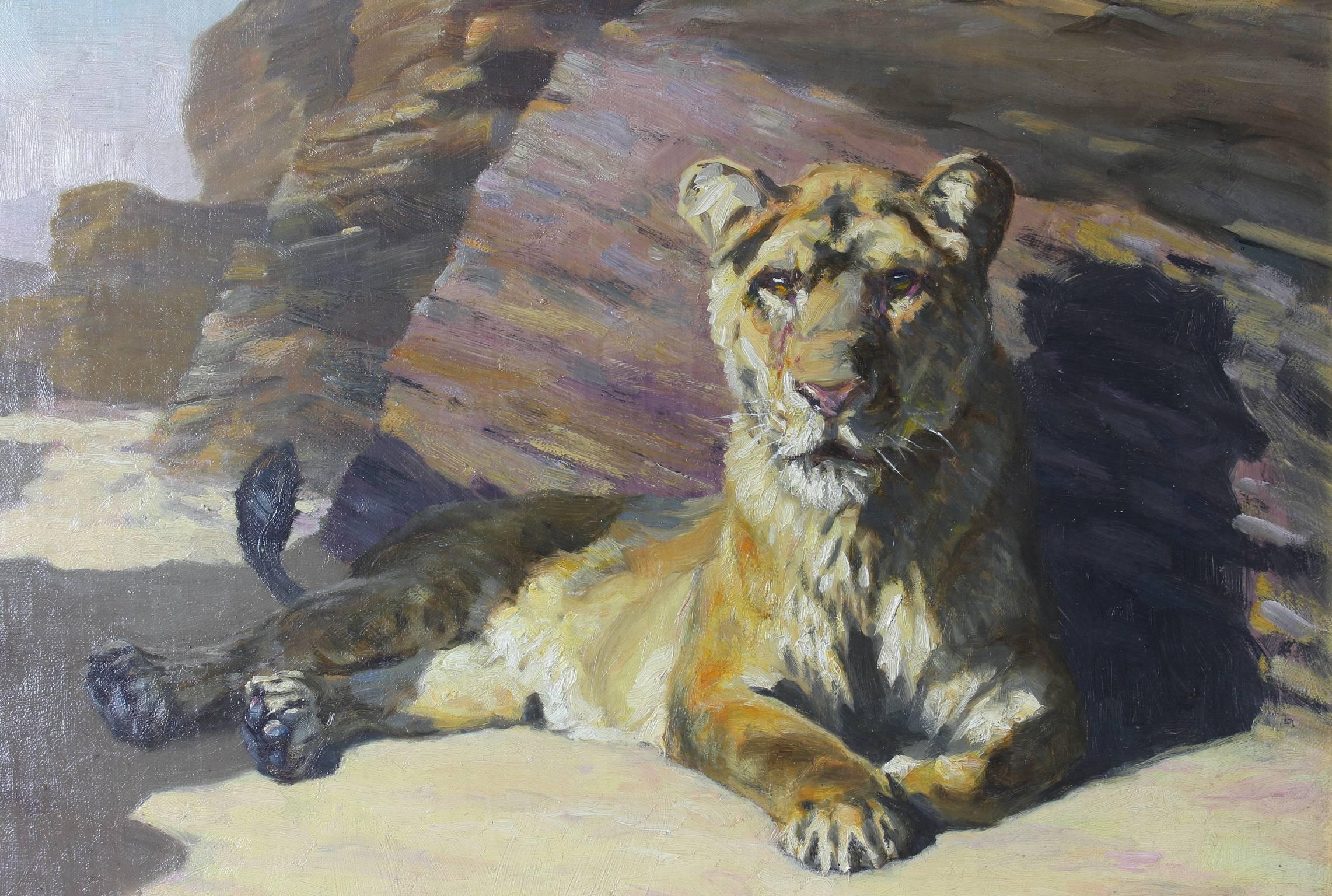 English Oil on Canvas Painting of a Lioness
