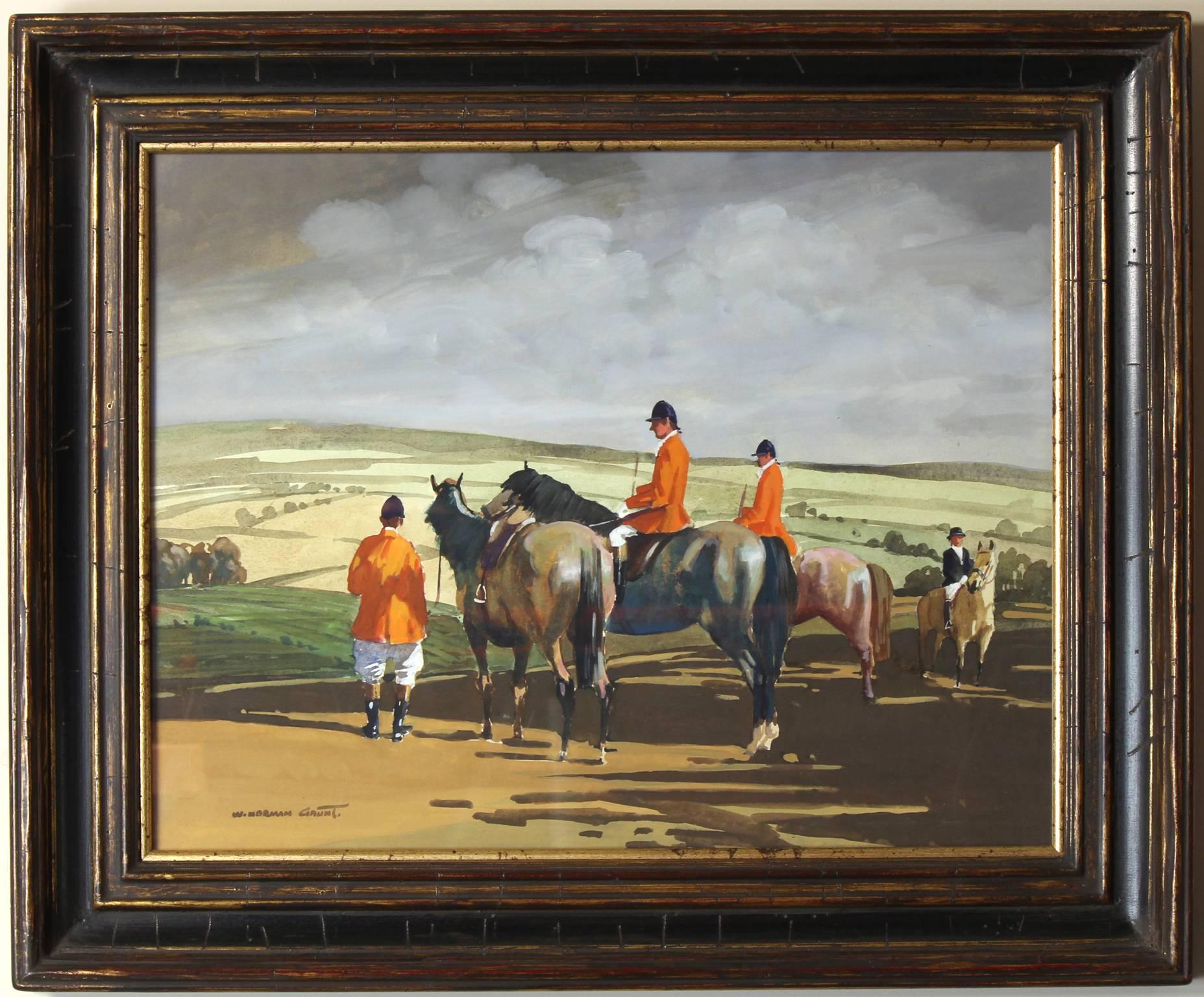 A large mid-20th century gouache on paper painting of English fox hunting scene with a brooding sky by noted sporting artist William Norman Gaunt (1918-2001).
