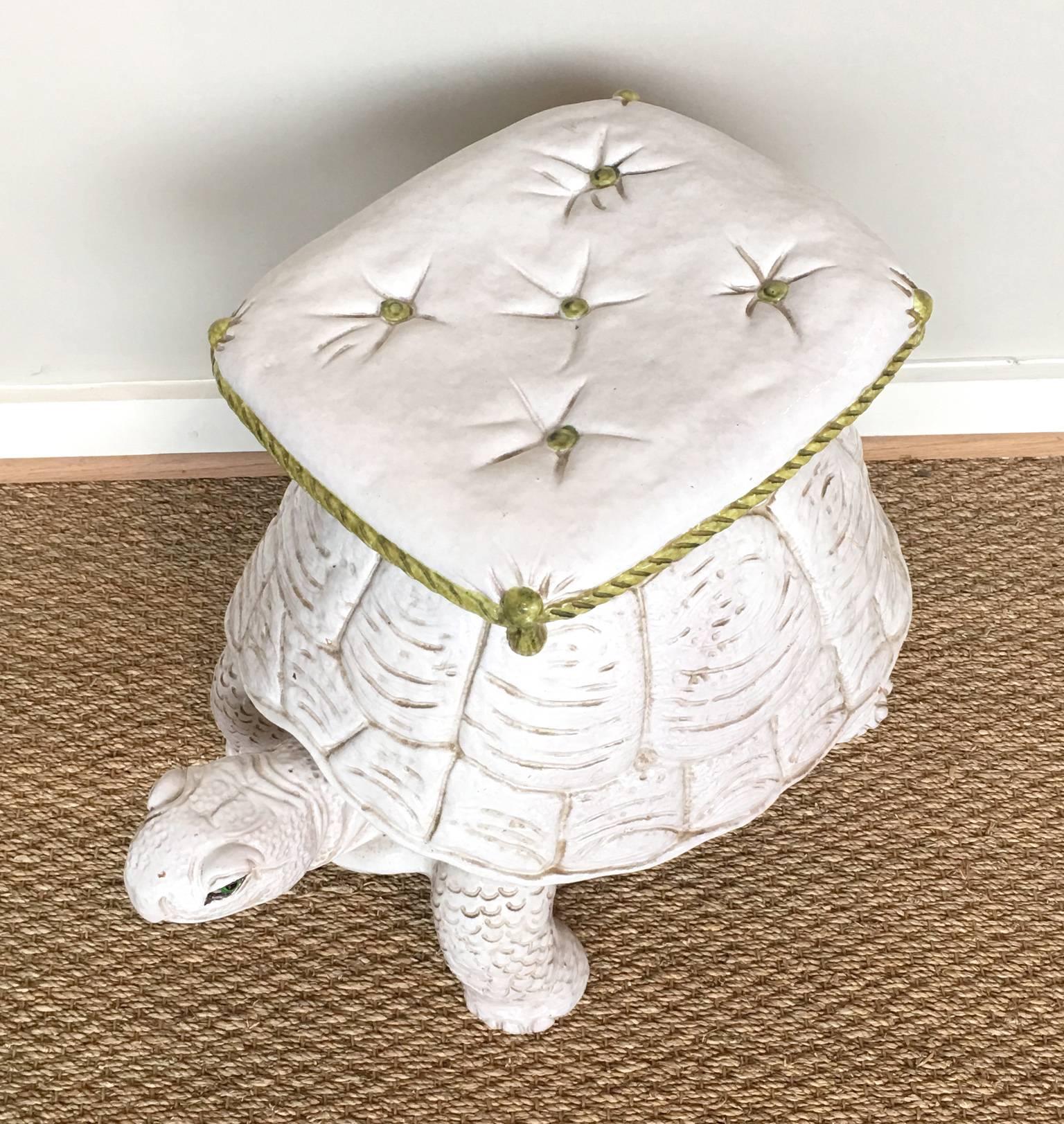 Whimsical Italian Glazed Ceramic Tortoise Garden Seat In Excellent Condition In Kilmarnock, VA