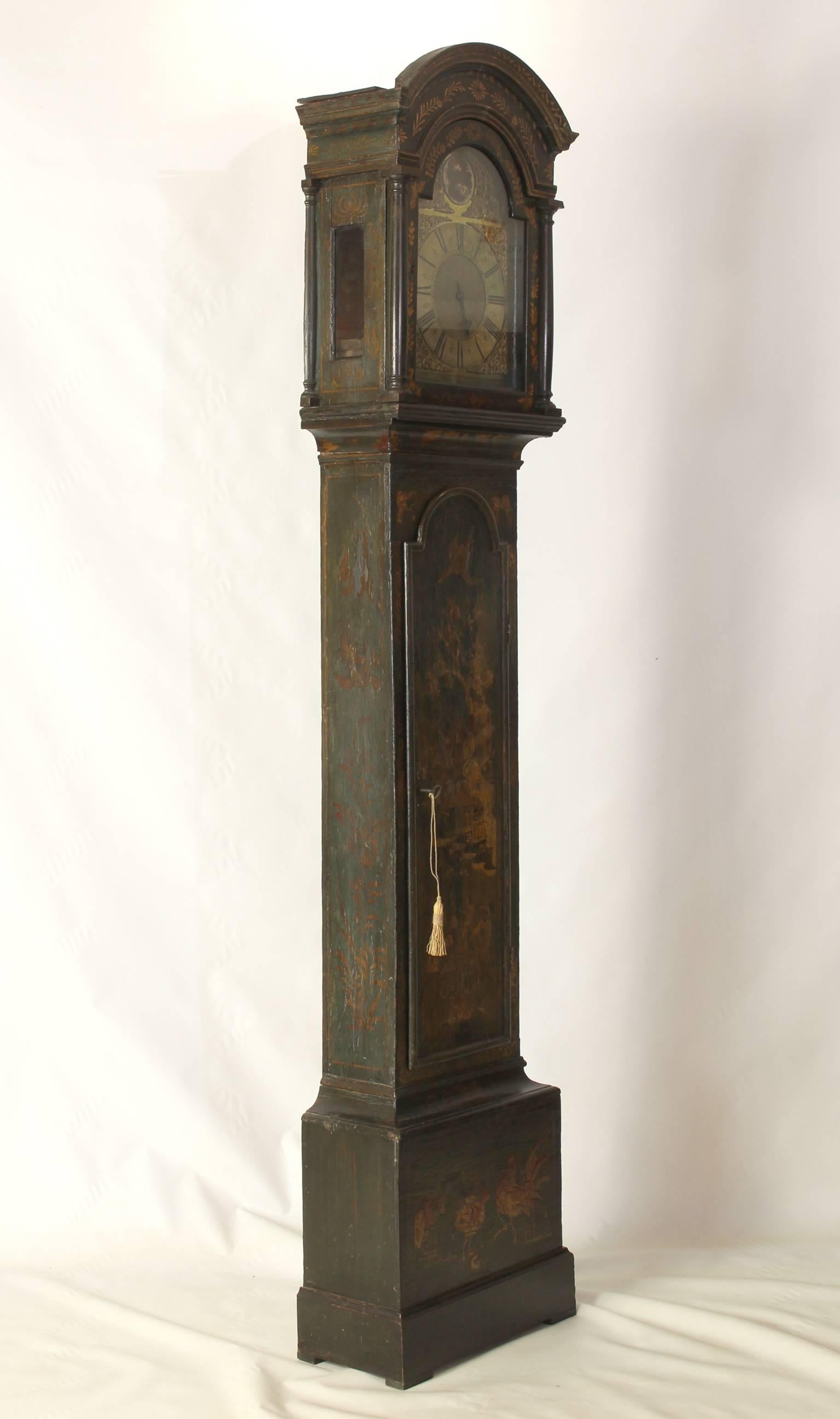 George III Green Japanned Chinoiserie Long Case Clock For Sale 1