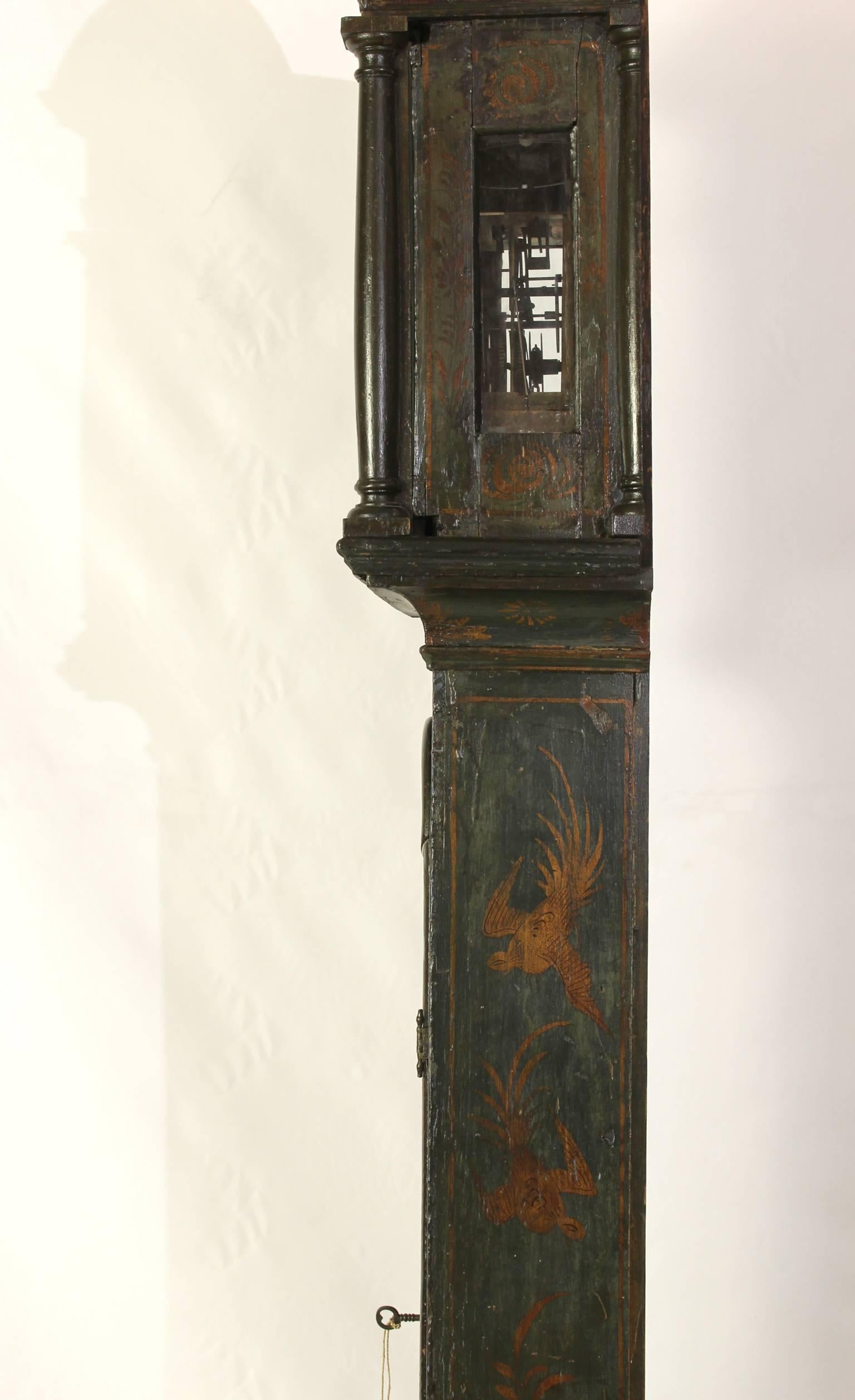 George III Green Japanned Chinoiserie Long Case Clock For Sale 2