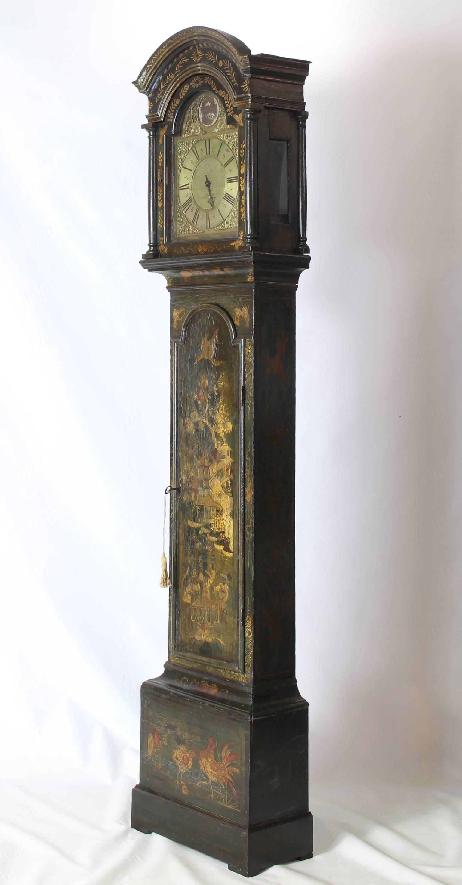 English George III Green Japanned Chinoiserie Long Case Clock For Sale