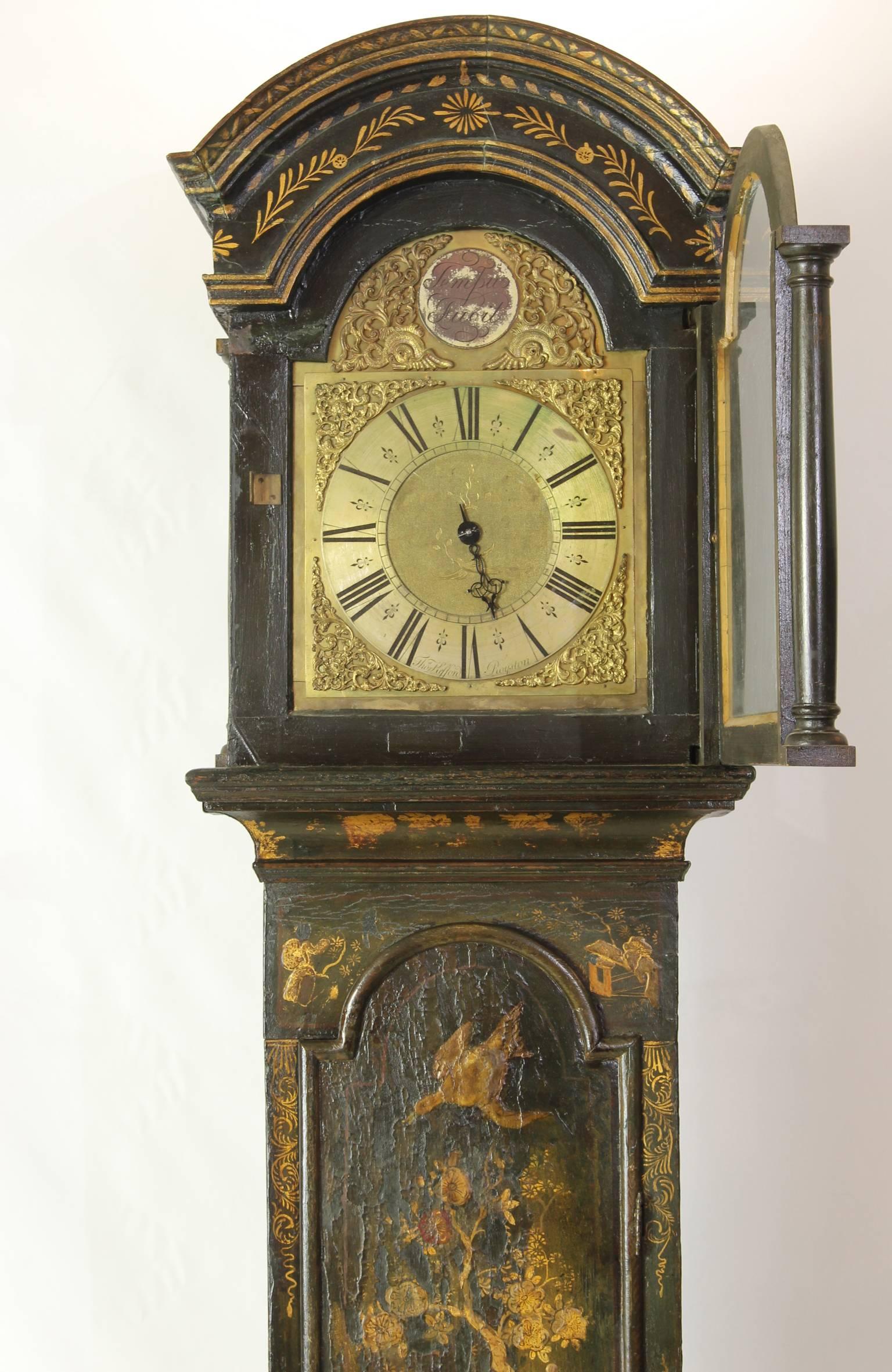 George III Green Japanned Chinoiserie Long Case Clock For Sale 3