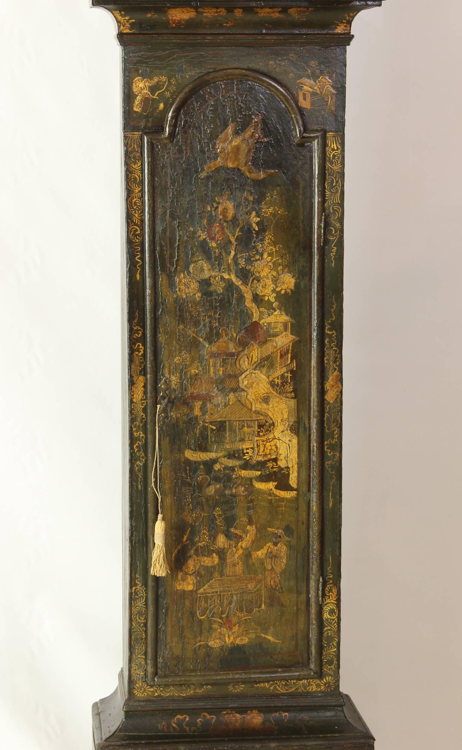 George III Green Japanned Chinoiserie Long Case Clock For Sale 4