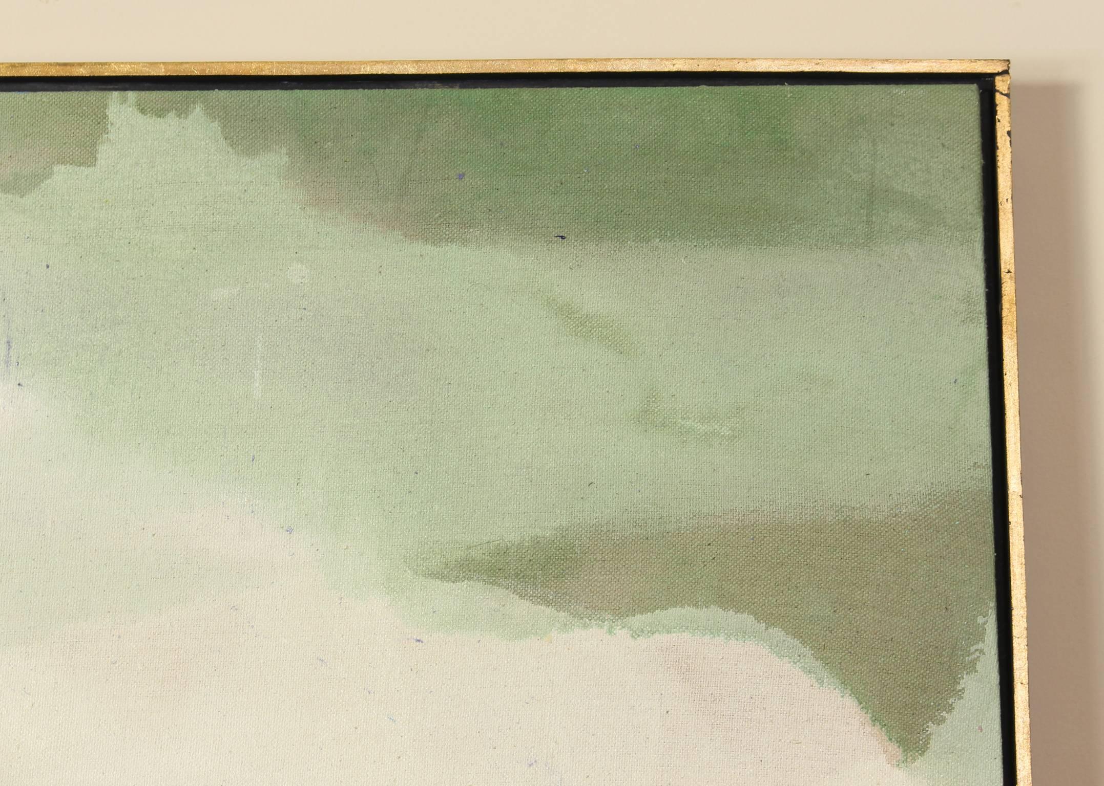 A large and dramatic abstract painting by noted Washington DC artist David Bell in a palette of soft greens blues and grey set in a simple giltwood shadow box frame.
