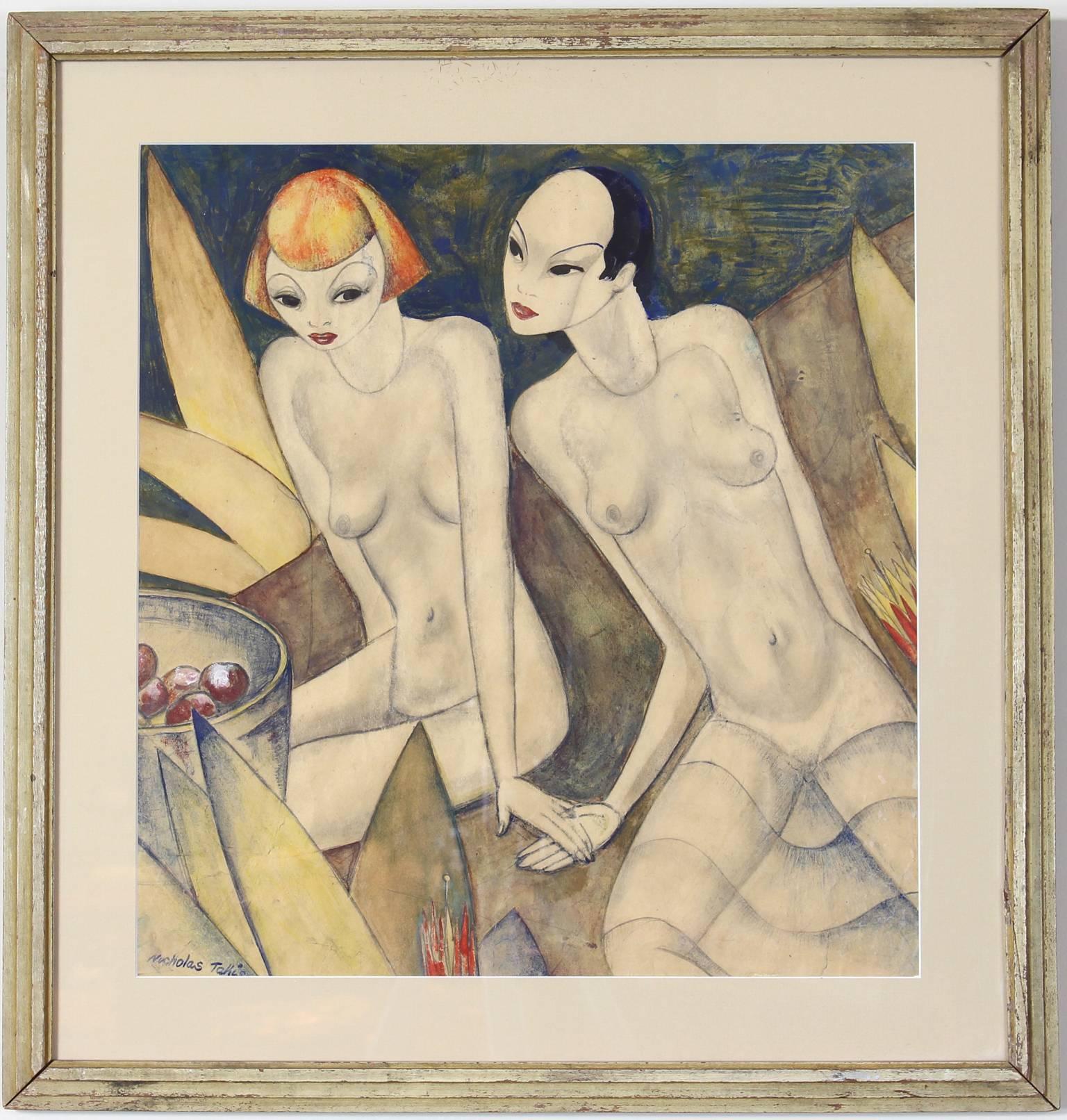 A fantastic Art Deco, cubist watercolor, gouache painting directing two nude young women by American artist Nicholas Takis, (1903-1965).