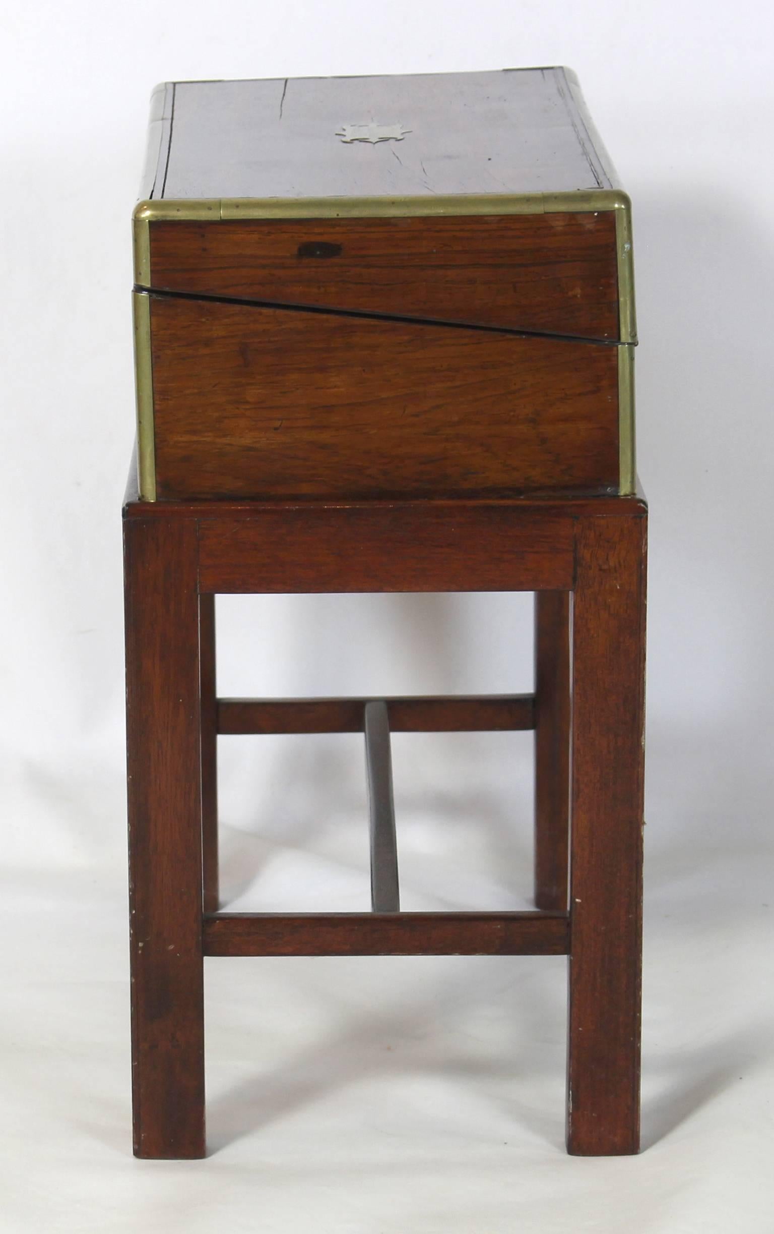 Campaign 19th Century English Writing Box on Stand Side Table For Sale