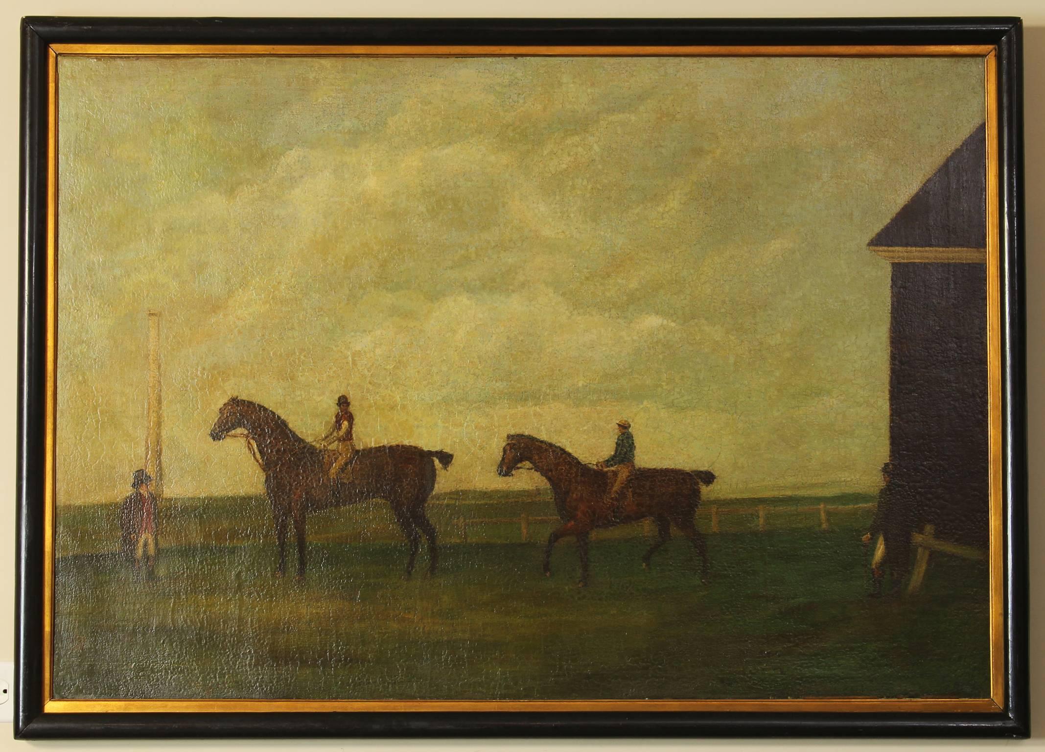 A large late 18th century English oil on canvas sporting painting in the manner of John Nost Sartorius depicting race horses, jockeys, groom and trainer in a stabile yard.