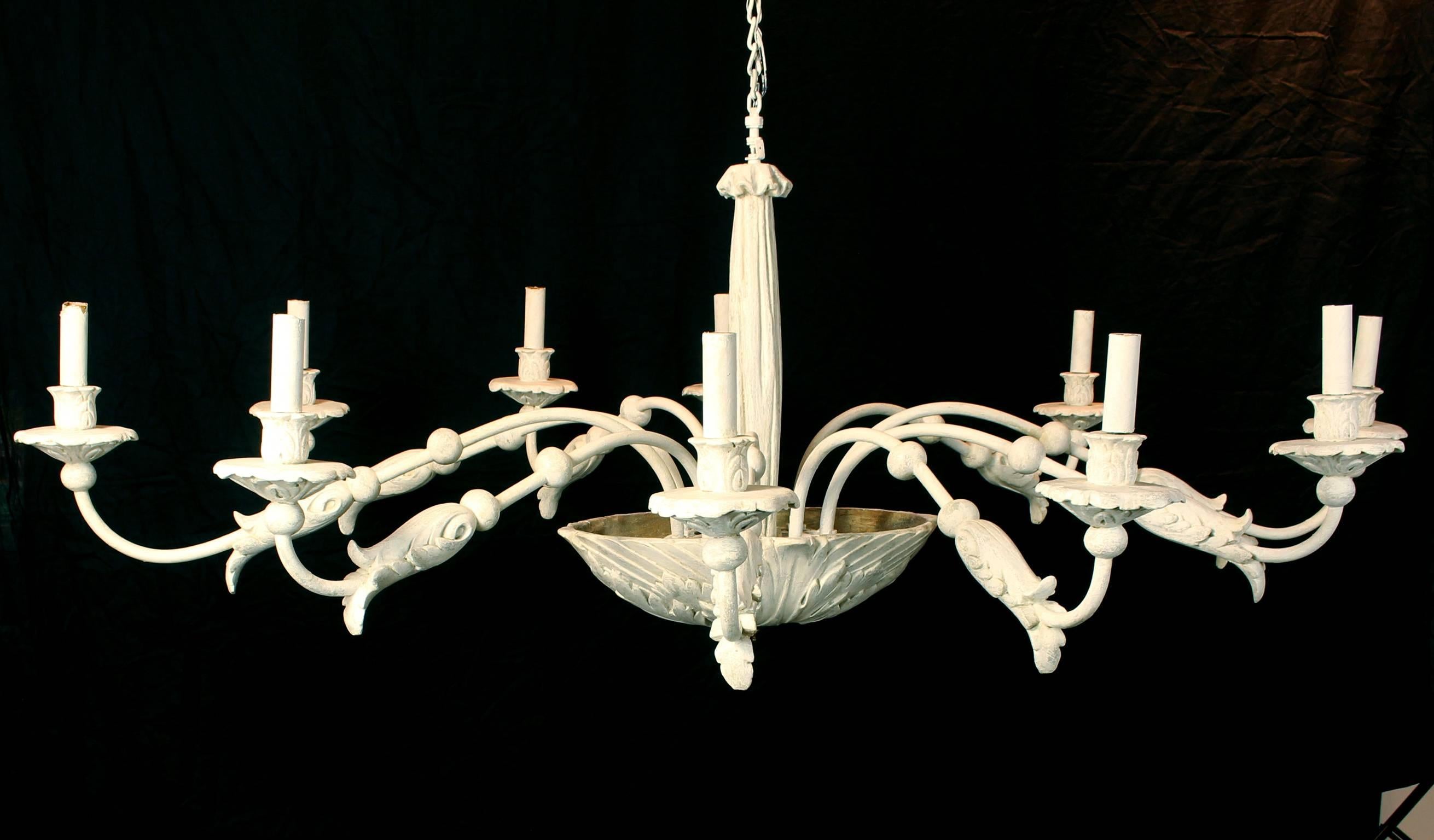 An exceptionally large pale grey plaster ten-arm chandelier in the style of Sirmos dating from the mid-1970s.