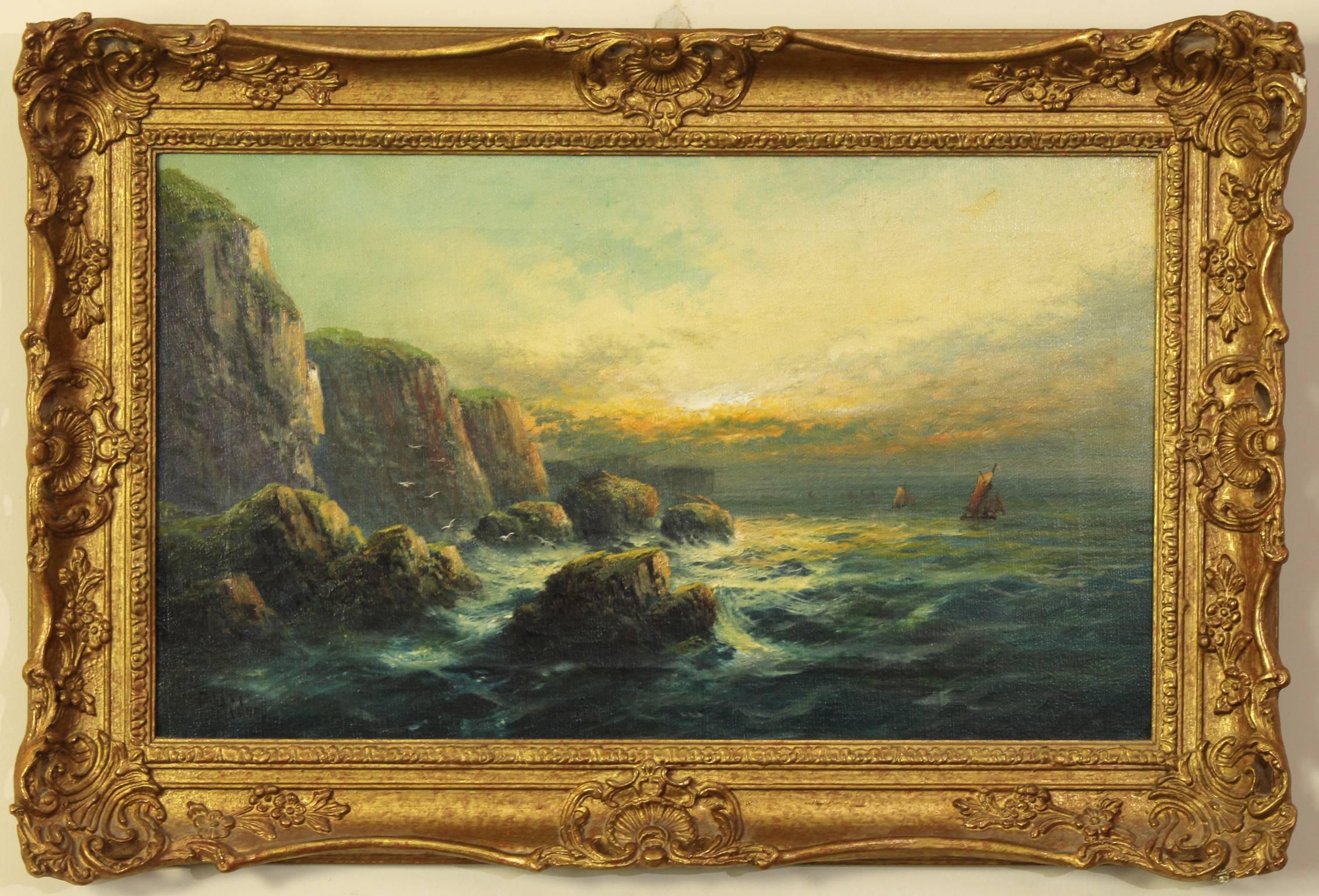 A late 19th century English oil on canvas painting of the Cornish coast with ships in the distance. Signed bottom left corner with title, 