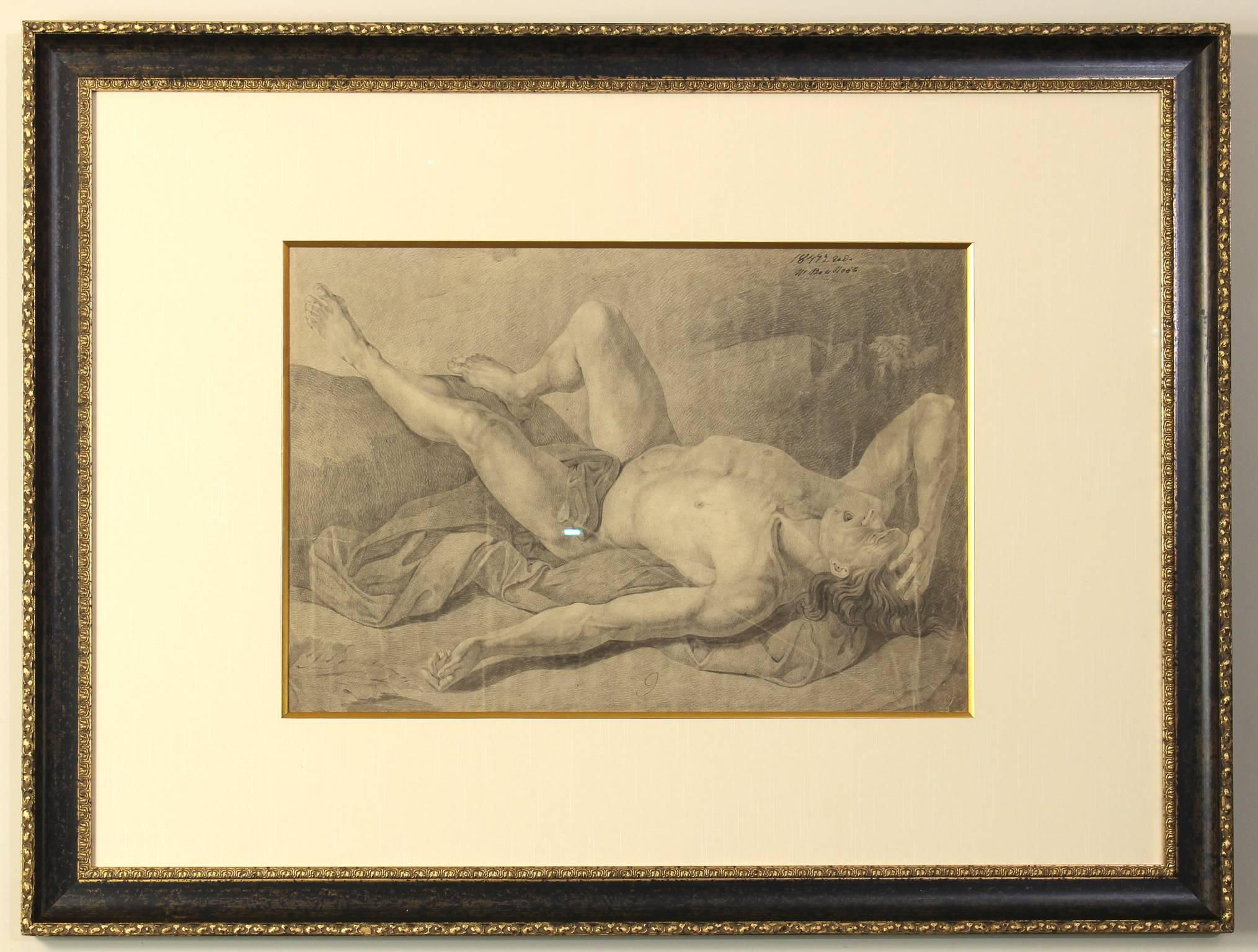 A large, dramatic and detailed pencil sketch of a fallen warrior recently framed and matted under museum glass. Signed and dated 1847, Poland.