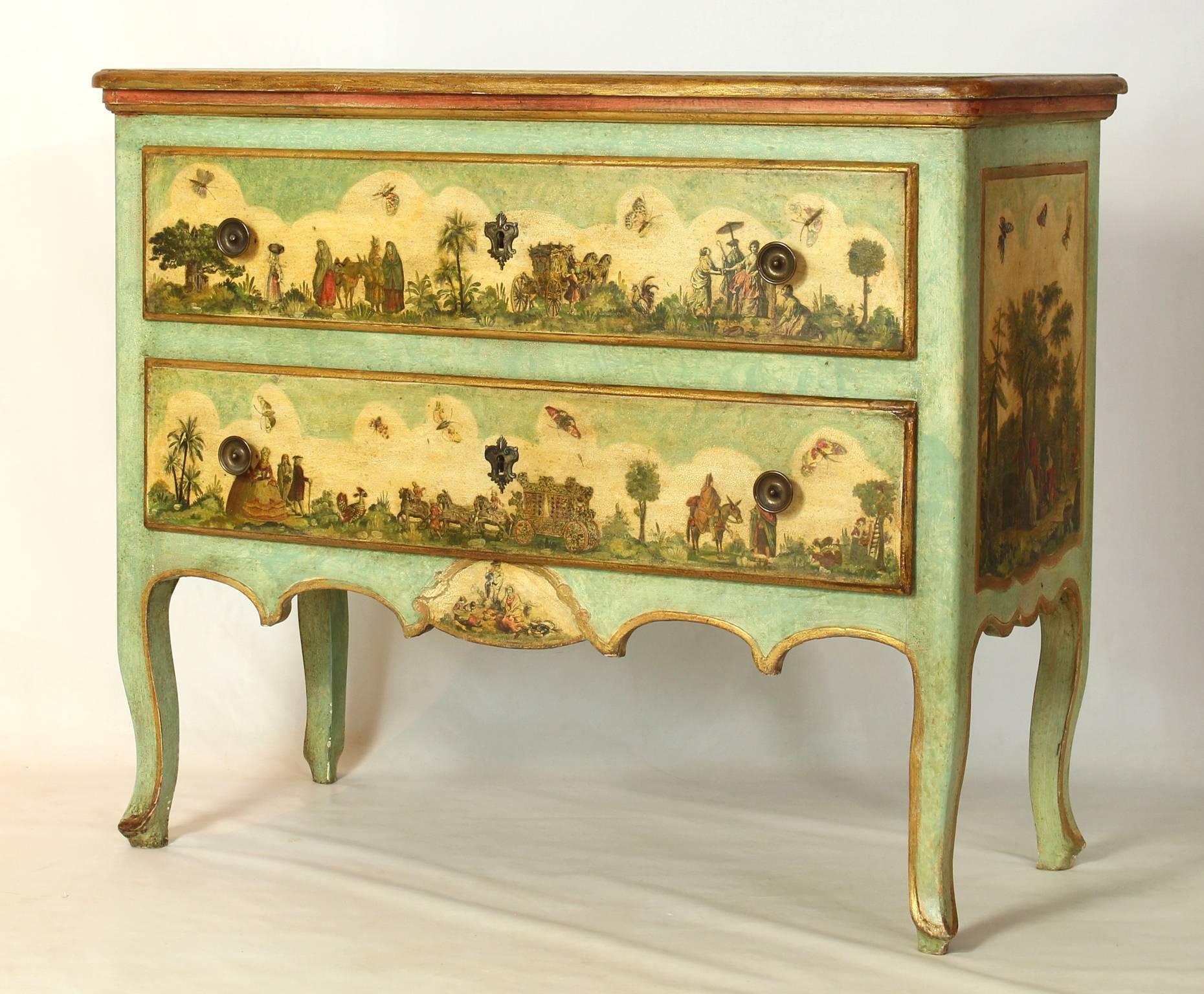 An early 20th century Italian two-drawer painted commode elaborately decorated with decopaged Venetian scenes throughout.