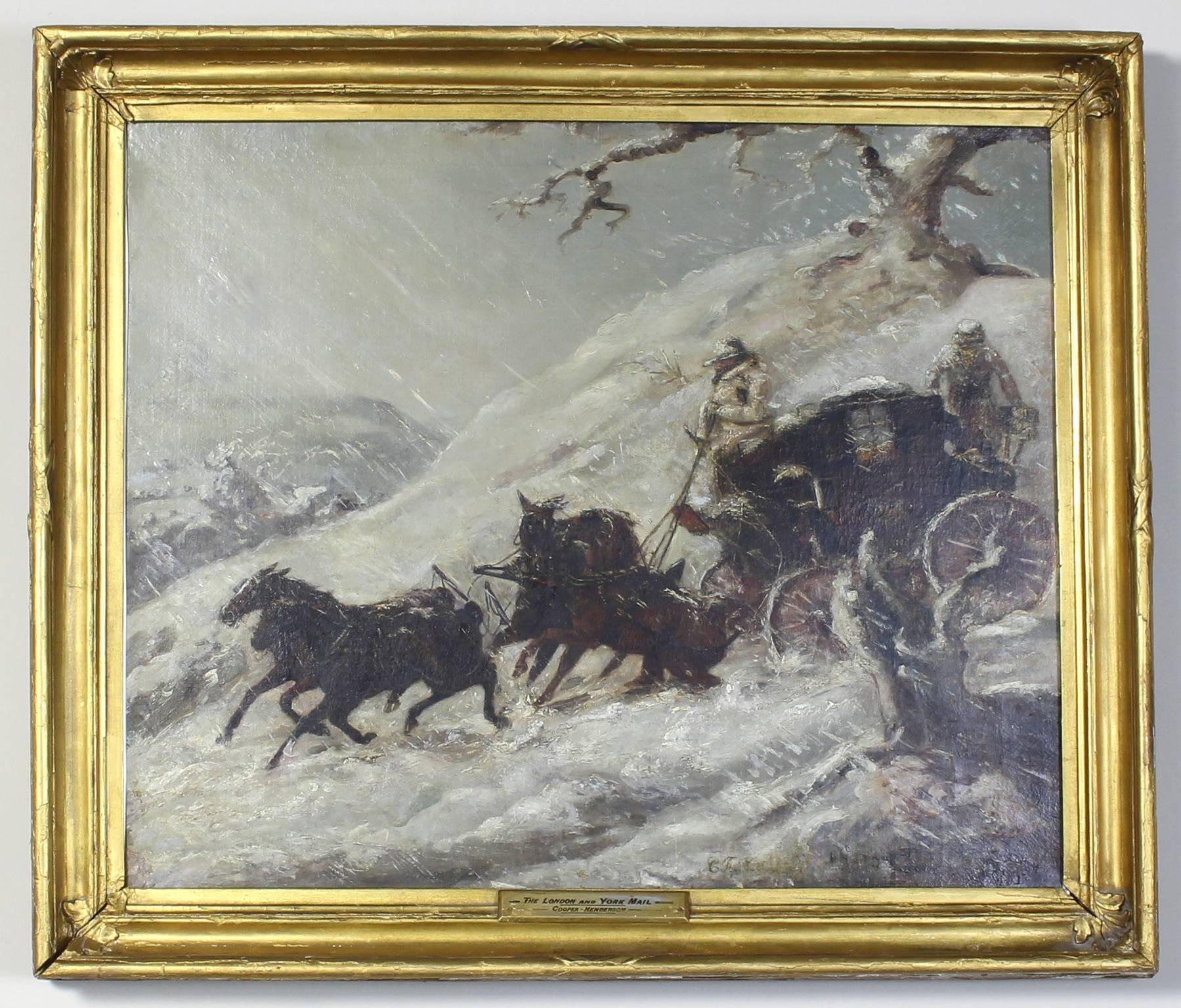 A beautiful painting by Charles Cooper Henderson (English 1803-1877) depicting a coaching scene in a snow storm. Henderson was known for painting horses and coaches. Lined oil on canvas in original giltwood frame.