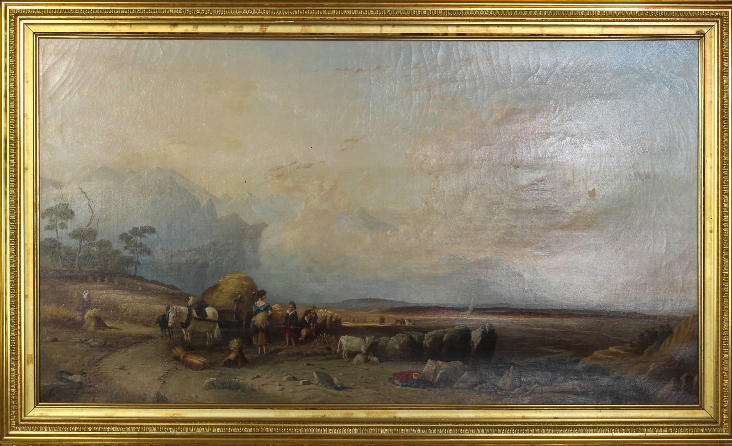 A large and impressive mid-19th century English oil on canvas painting of a hay scene in a romantic setting by William Shayer (1789-1879) in its original elaborate giltwood frame.
