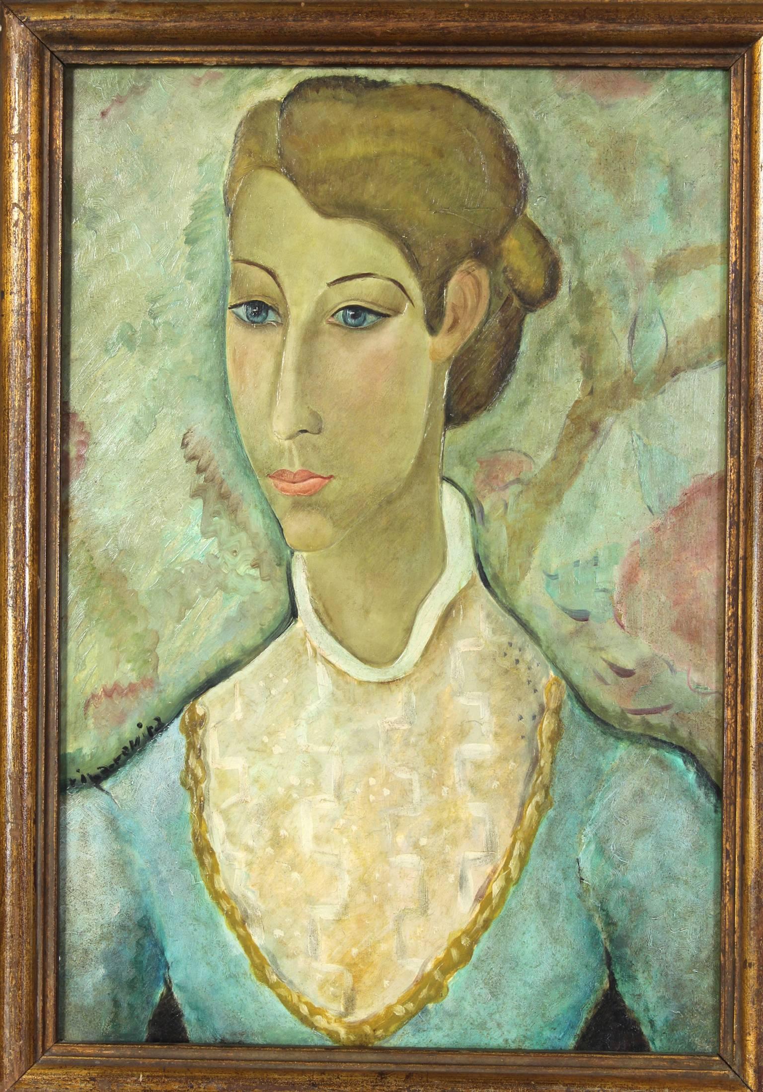 A charming and very elegant early 20th century Spanish oil on board portrait in the style of Amedeo Modigliani with elongated proportions signed over left shoulder of sitter in original giltwood frame.