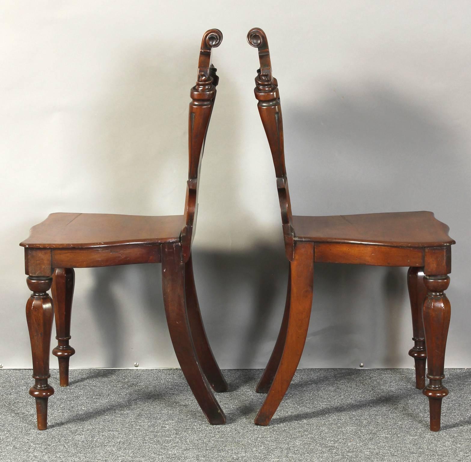 Pair of English William IV Carved Mahogany Hall Chairs 2