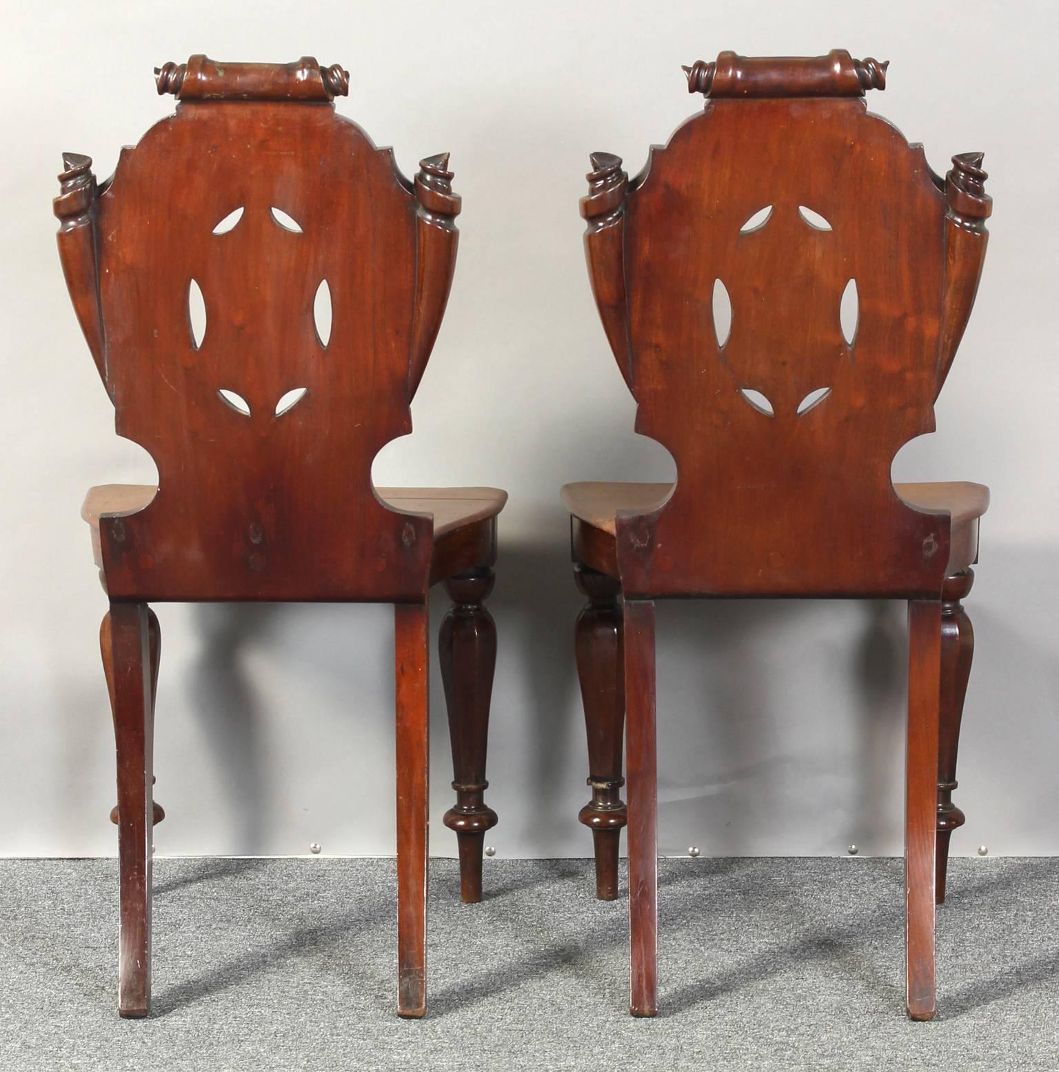 Pair of English William IV Carved Mahogany Hall Chairs 1
