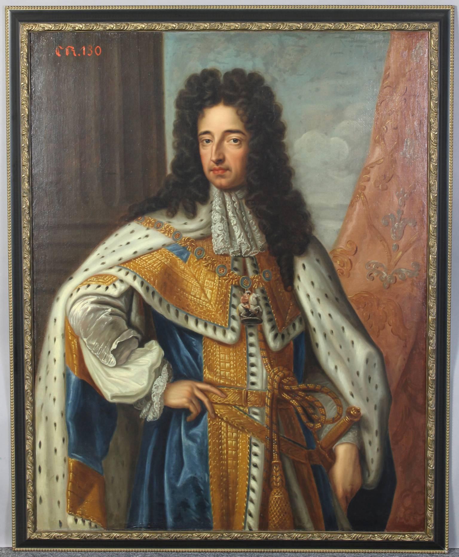 A large and dramatic oil on canvas portrait of a standing King Charles II (1630-1685) wearing the Robes of the Garter in later ebony and gilt frame.