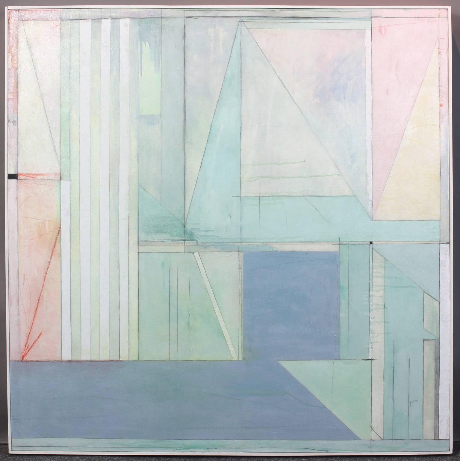 A large square abstract acrylic on canvas painting in a pastel palate in the style of Richard Diebenkorn.