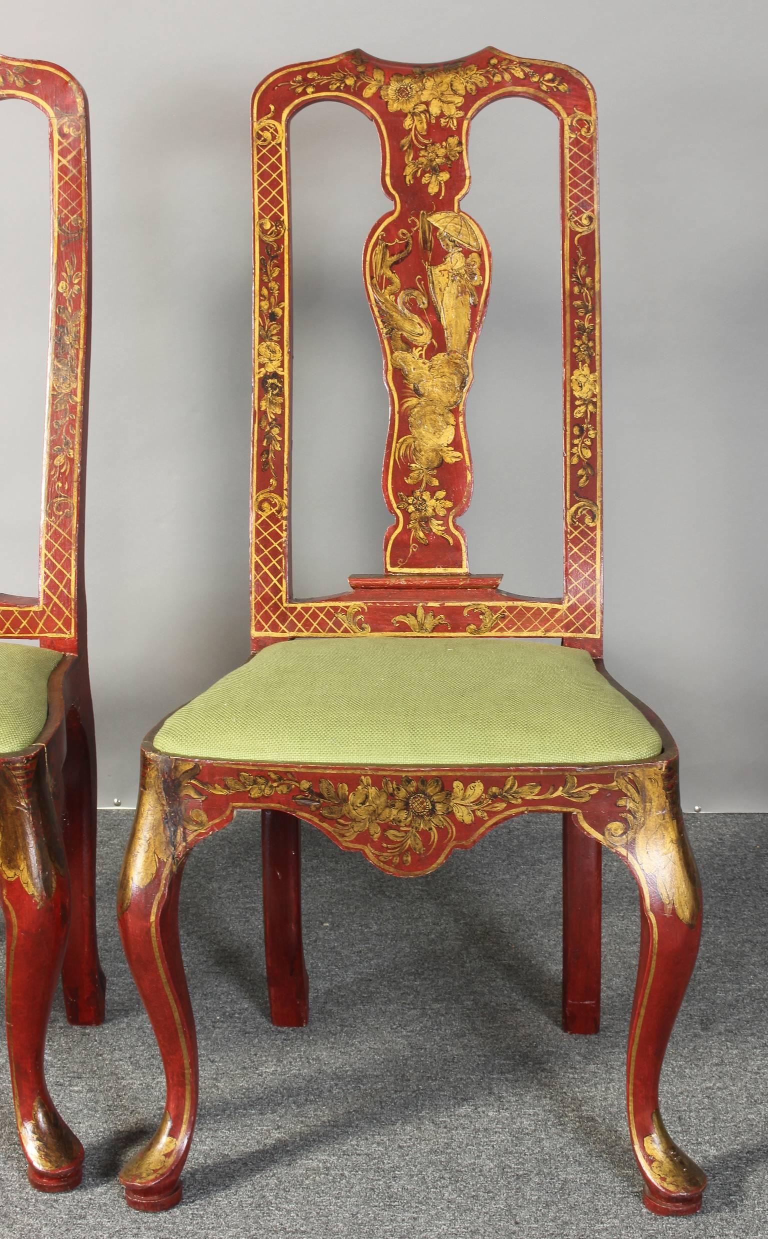 20th Century Pair of Queen Anne Style Chinoiserie Side Chairs For Sale