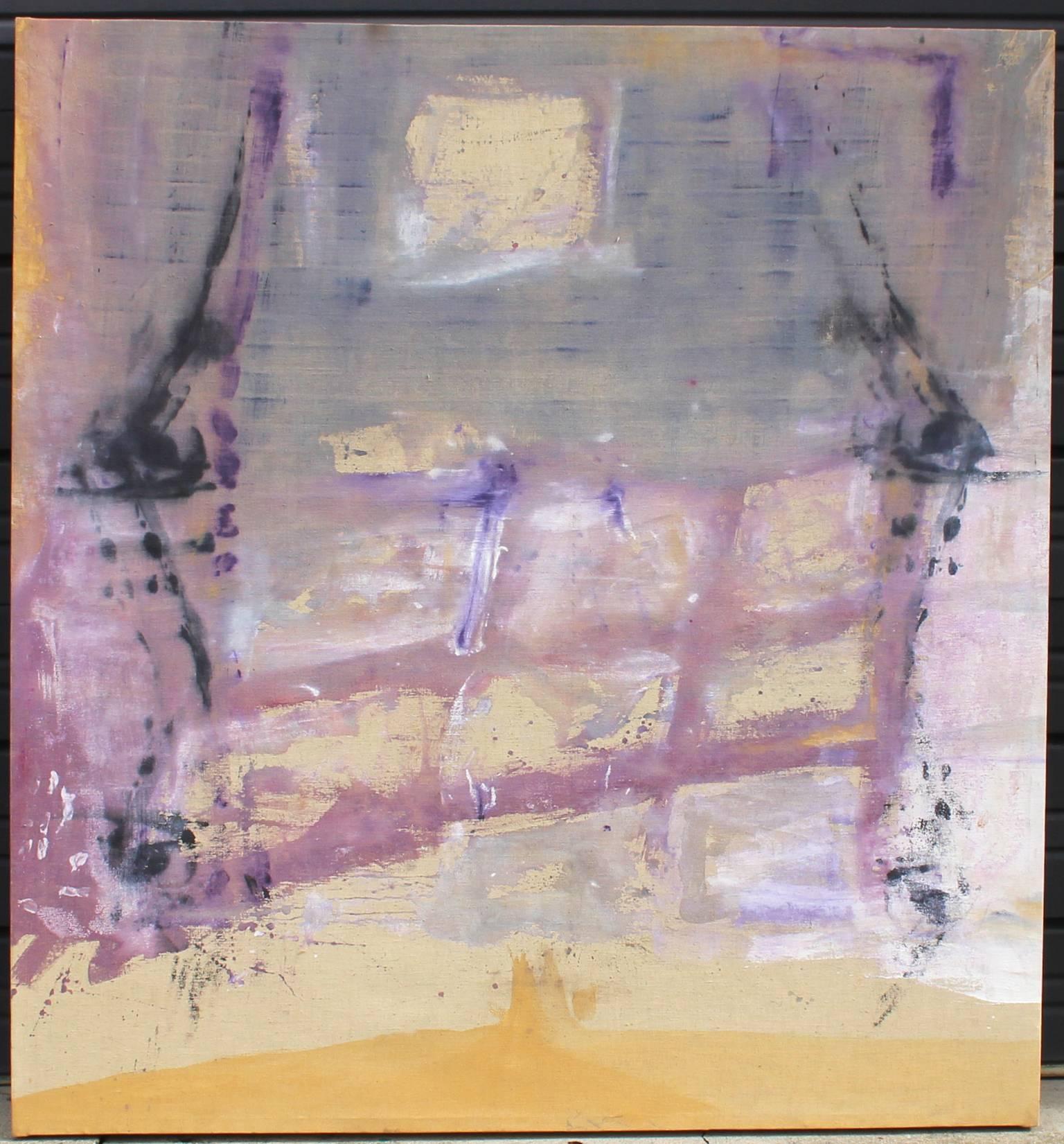 A mid-20th century abstract painting in a palette of purple, gray and yellow by an unknown artist.
