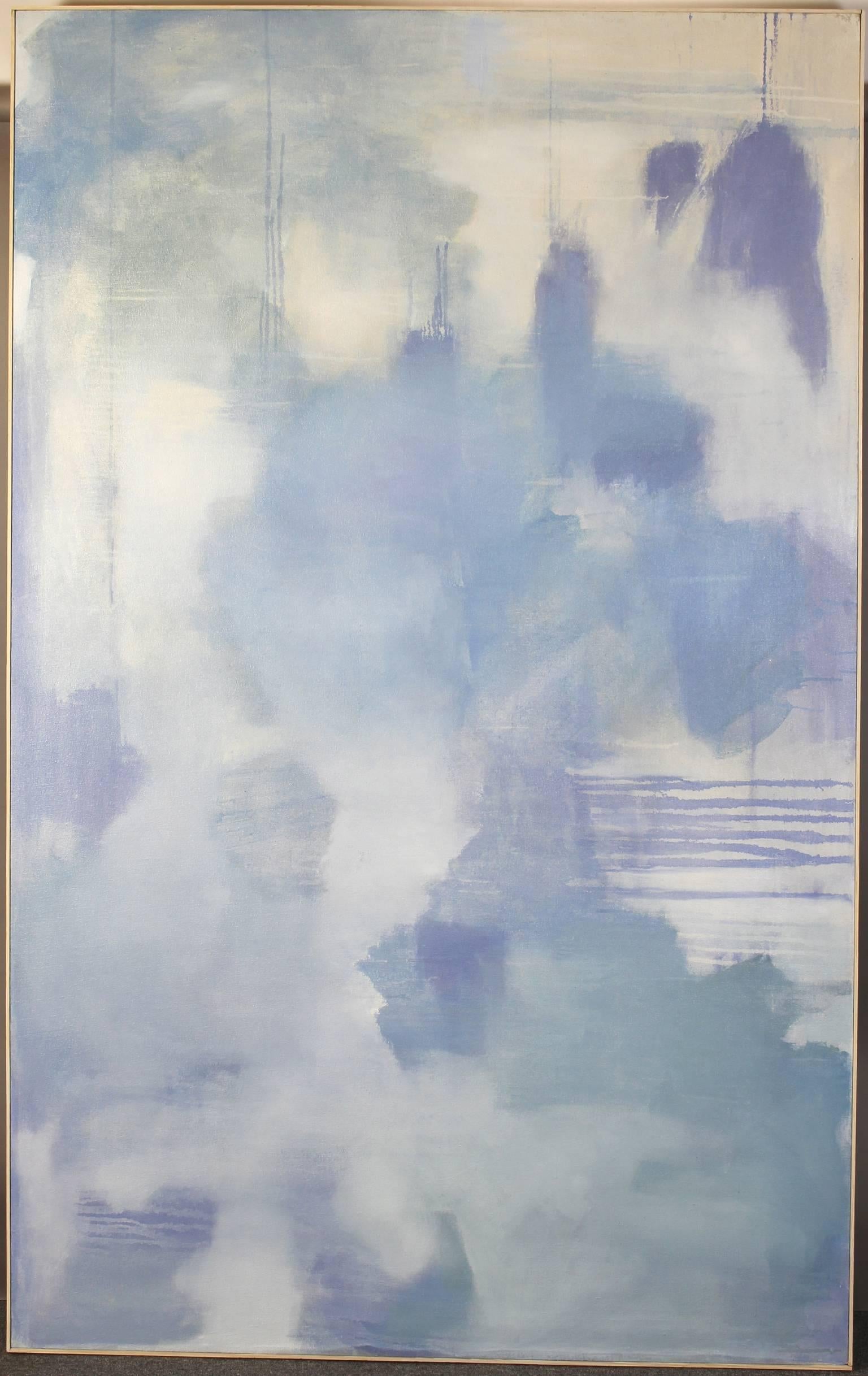 An exceptionally large acrylic on canvas painting in a palette of blues, lilac and green by David Bell.