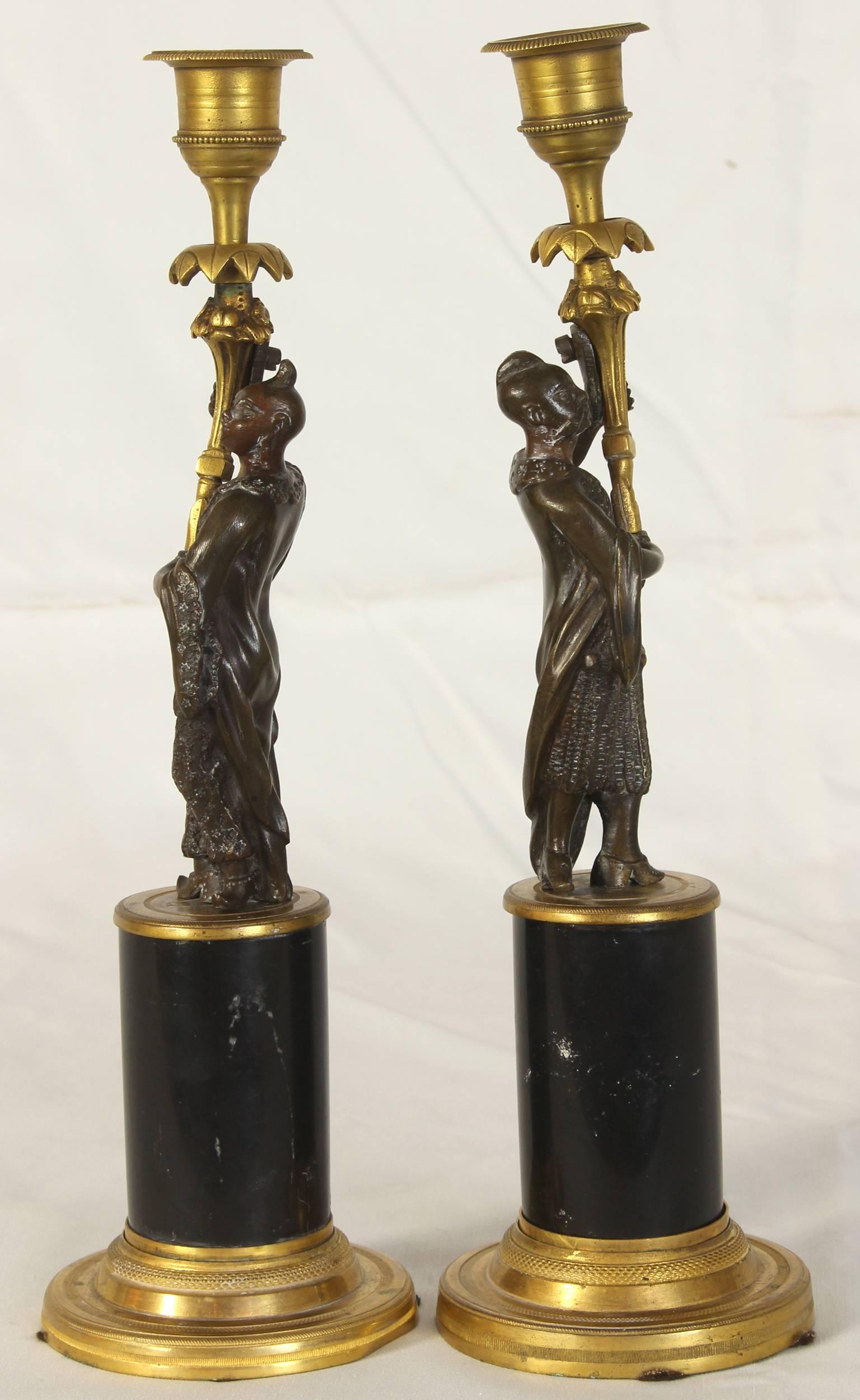 French Pair of Early 19th Century Chinoiserie Figural Candlesticks For Sale