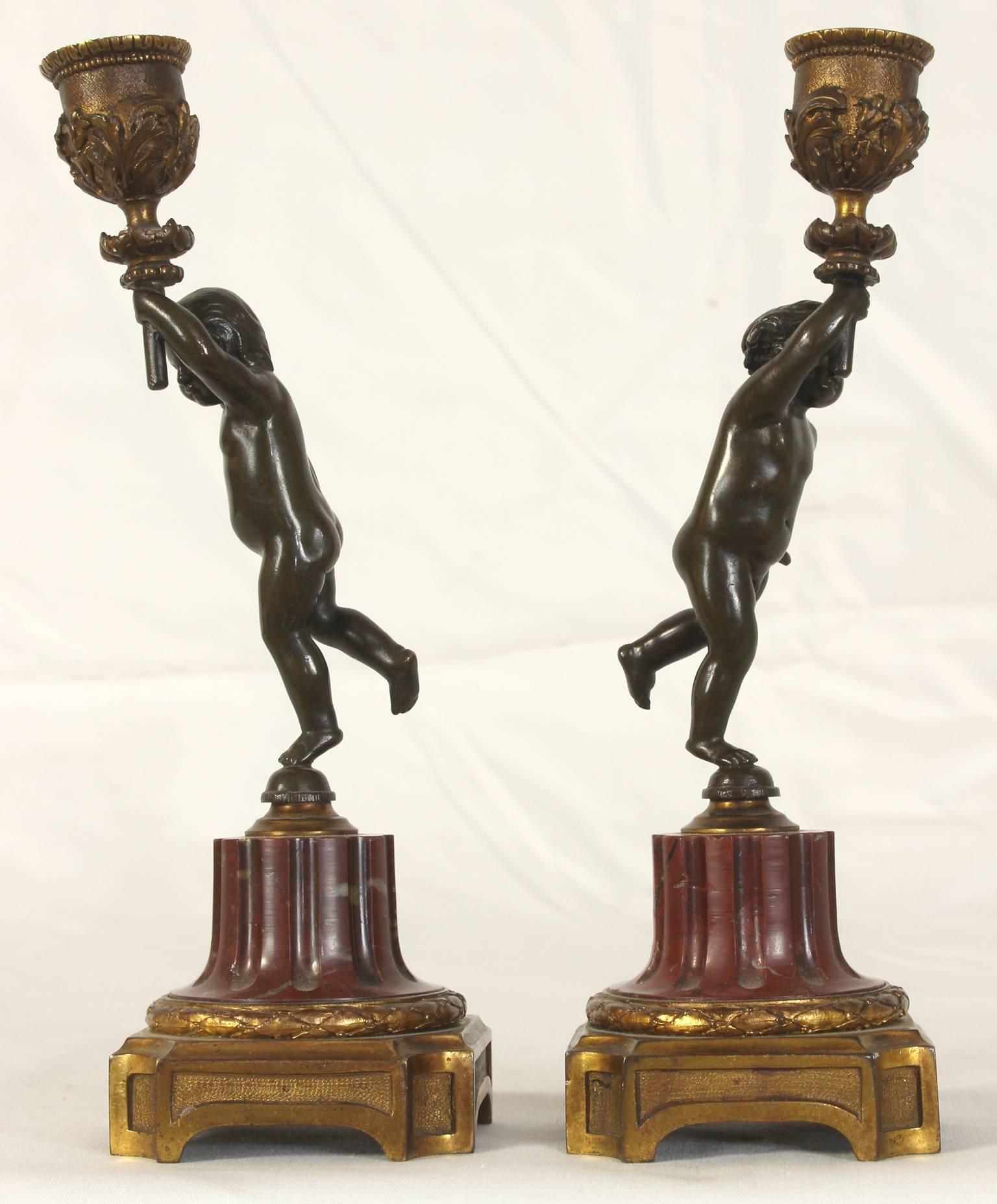 Pair of French Late 19th Century Putti or Cherub Candlesticks 1