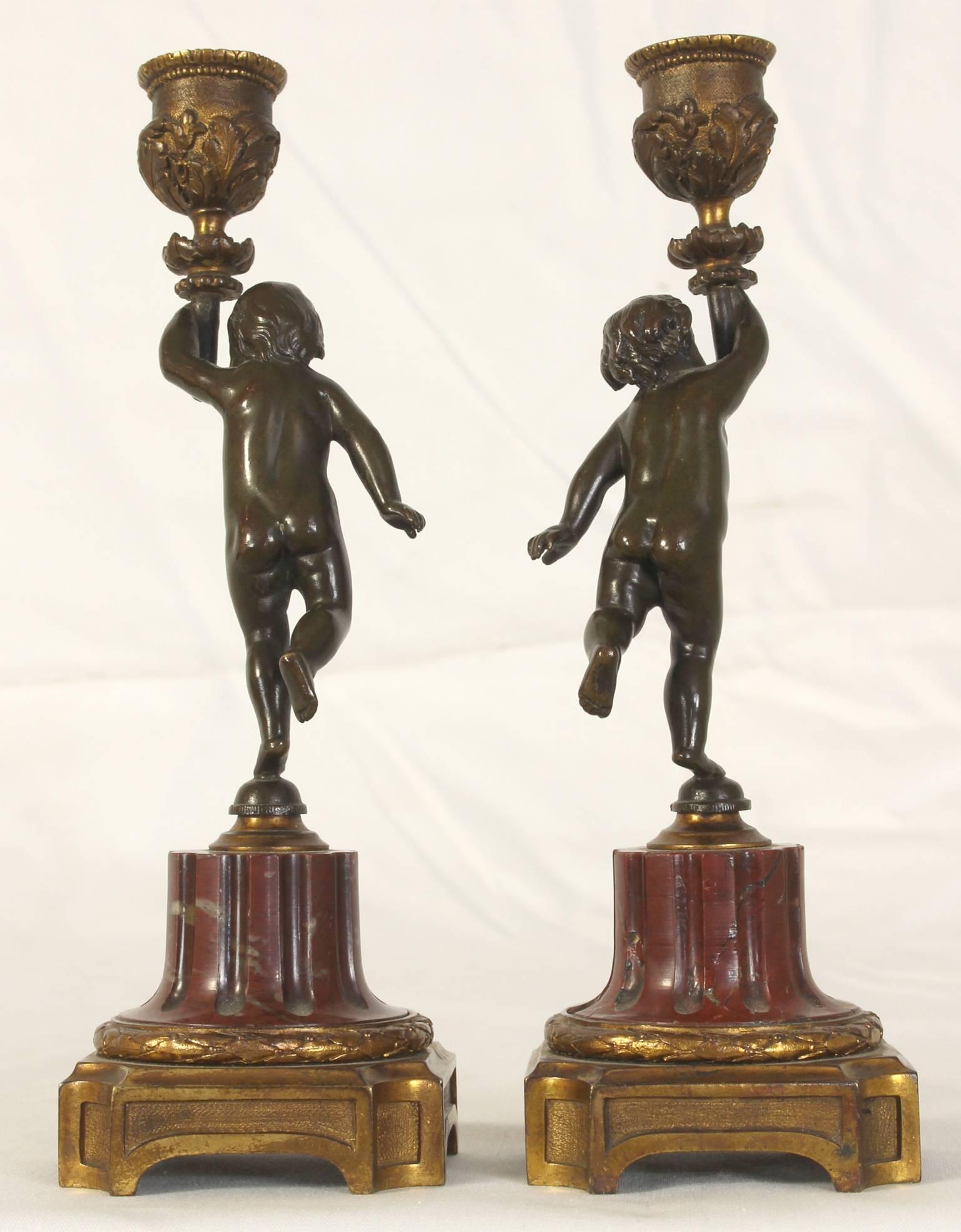 Pair of French Late 19th Century Putti or Cherub Candlesticks In Excellent Condition In Kilmarnock, VA