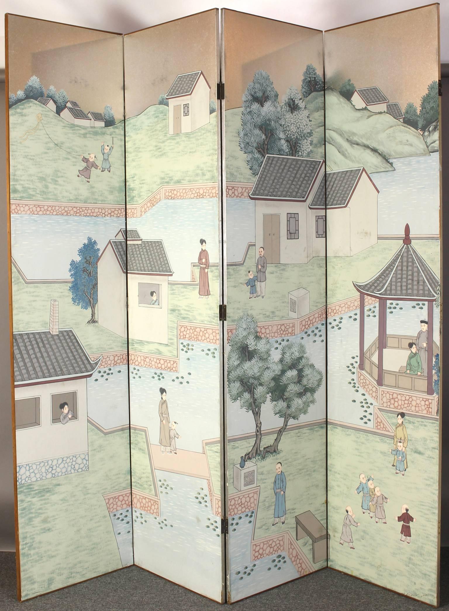 A very large eight-panel Chinese wooden folding screen beautifully painted on silver leaf paper depicting a waterfront village scene with buildings, pagodas and people including children at play.