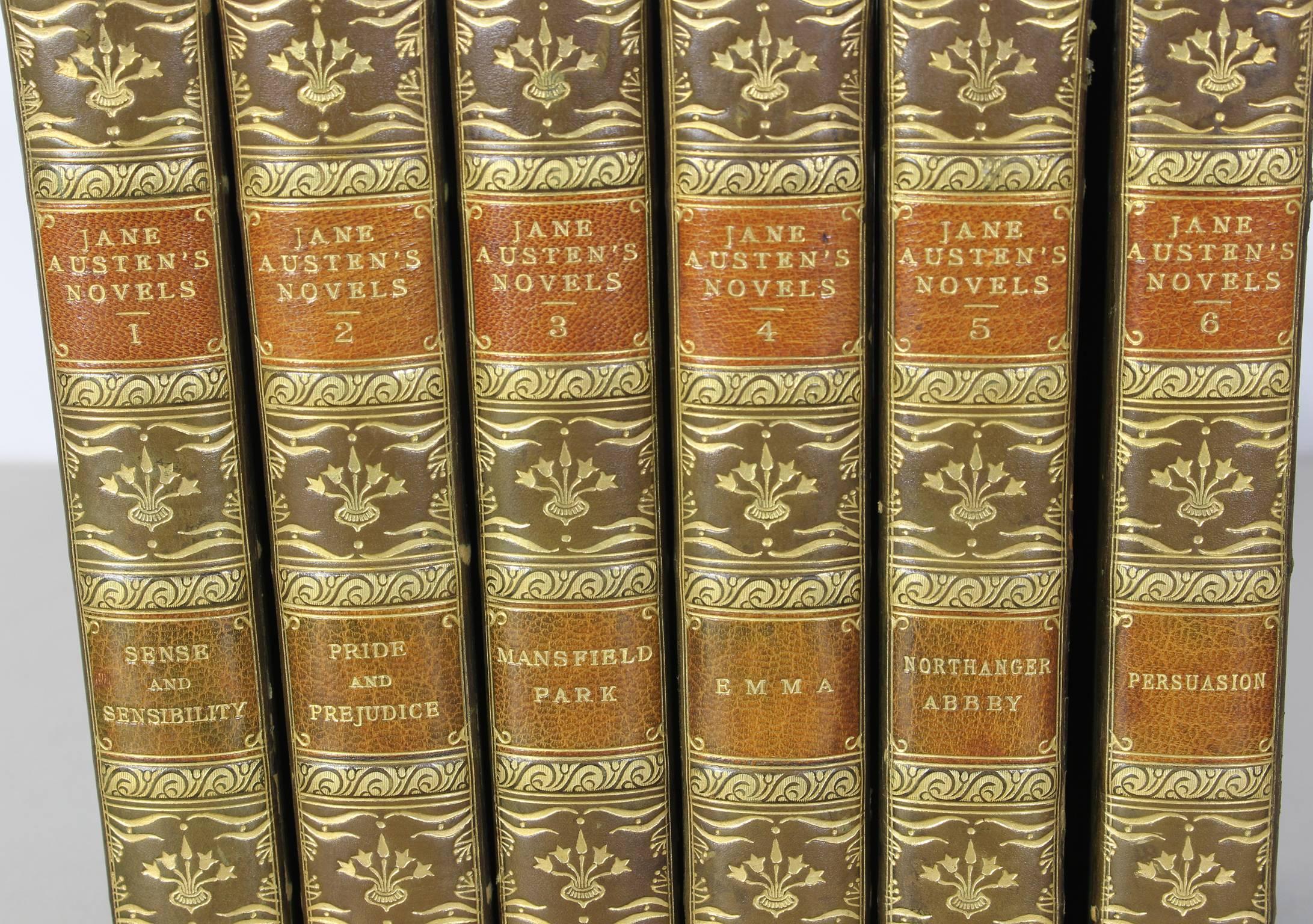 A stunning collection of all six of Jane Austin's novels published by J. M. Dent & Sons; New York: E.P. Dutton & Co. London, 1922. Contemporary half green calf, with publisher's cloth. Gilt tooling upper and lower board. Spine in six compartments of