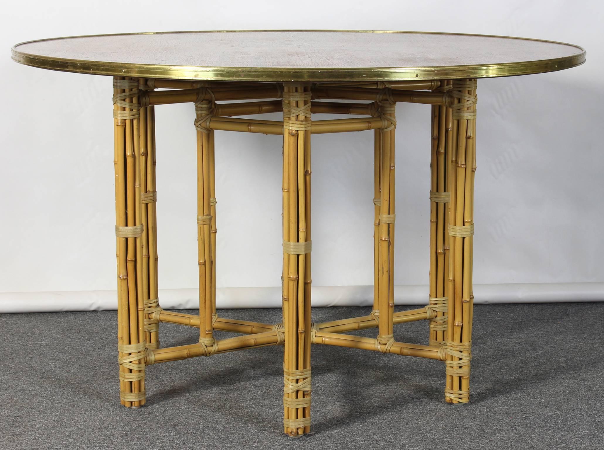 Mid-20th Century Round Rosewood and Brass Dining Table with Bamboo Base