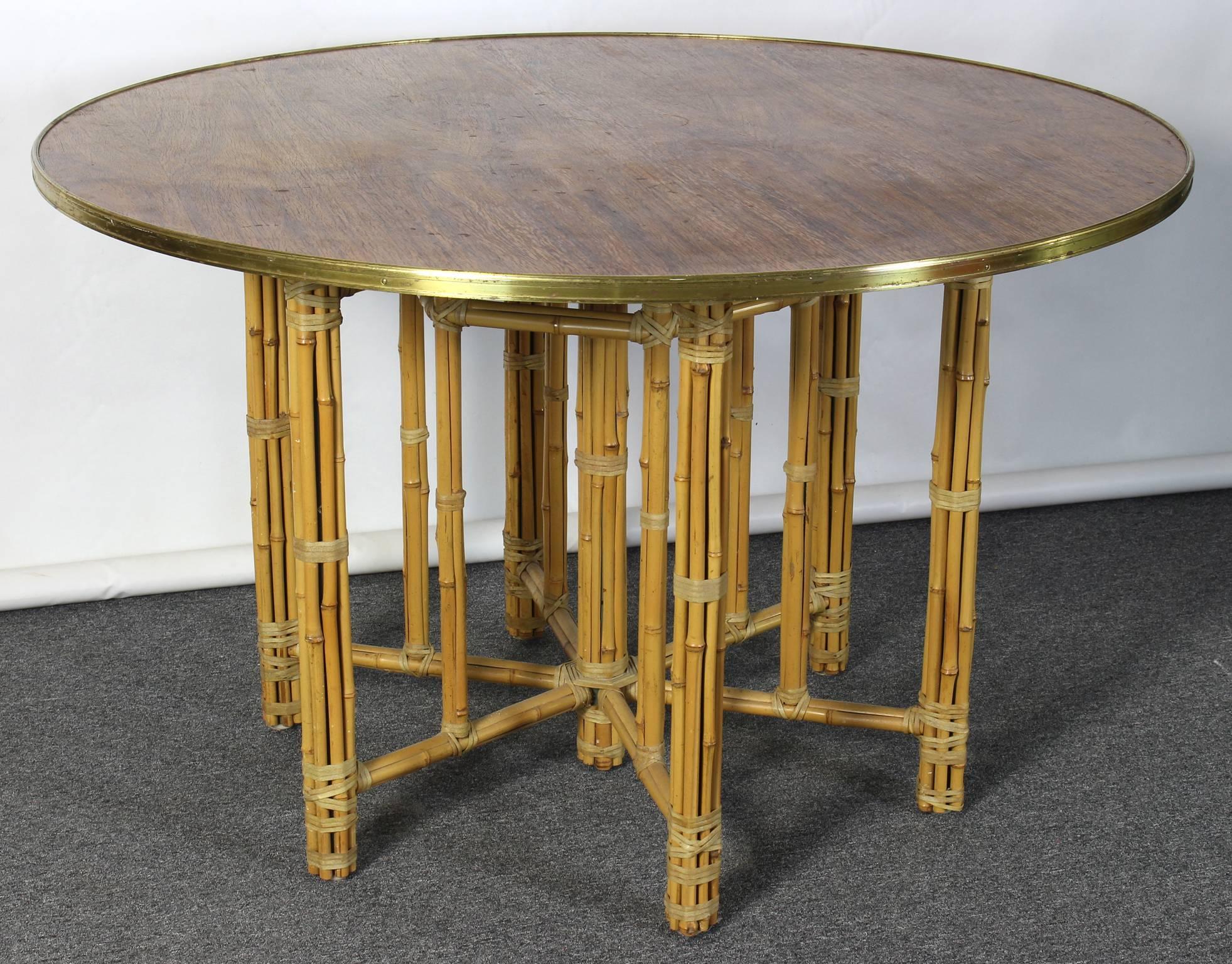 Round Rosewood and Brass Dining Table with Bamboo Base In Excellent Condition In Kilmarnock, VA