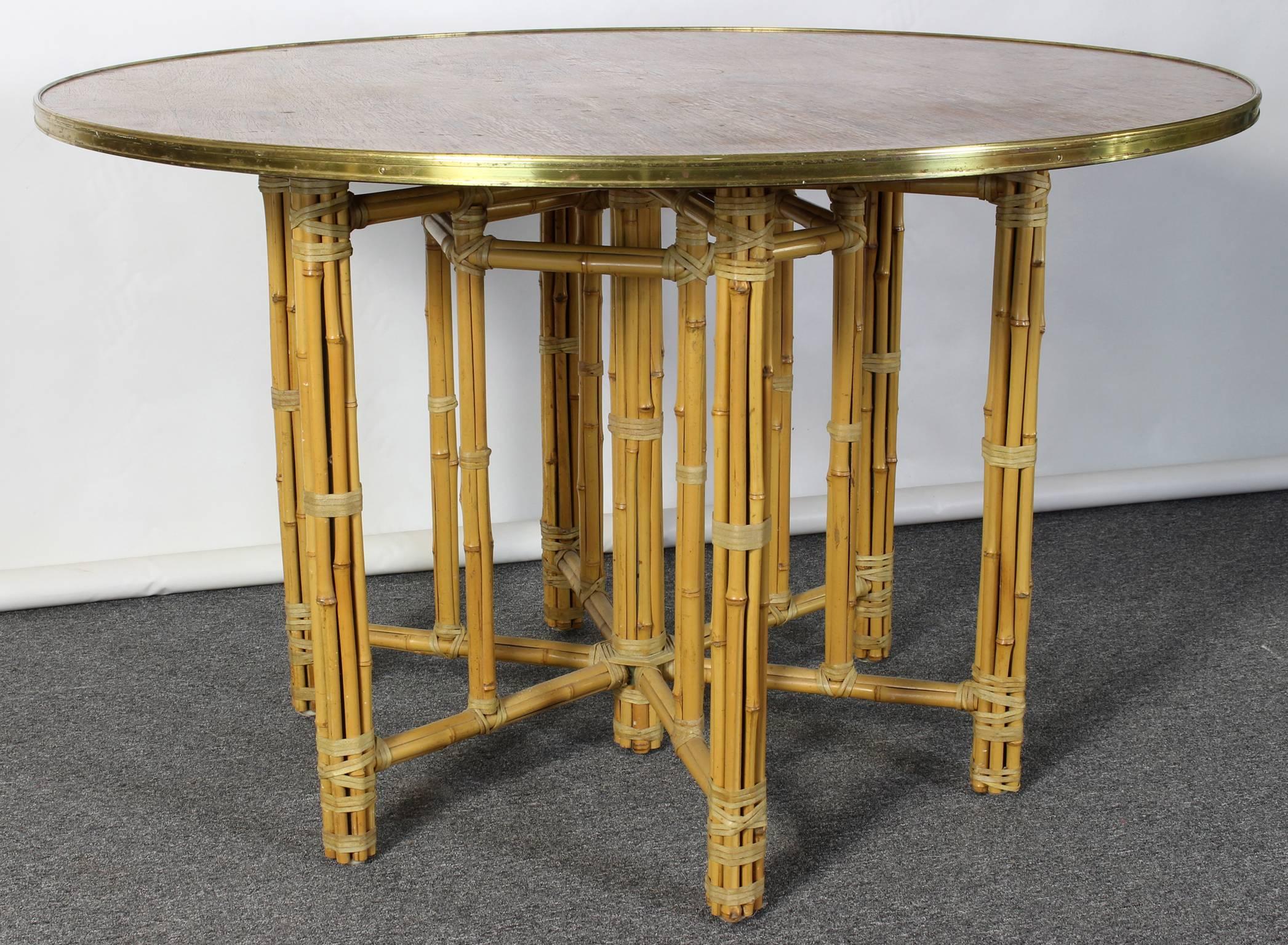 Round Rosewood and Brass Dining Table with Bamboo Base 1