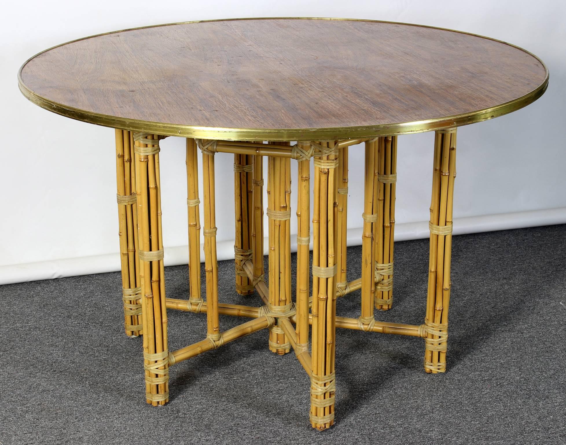 American Round Rosewood and Brass Dining Table with Bamboo Base