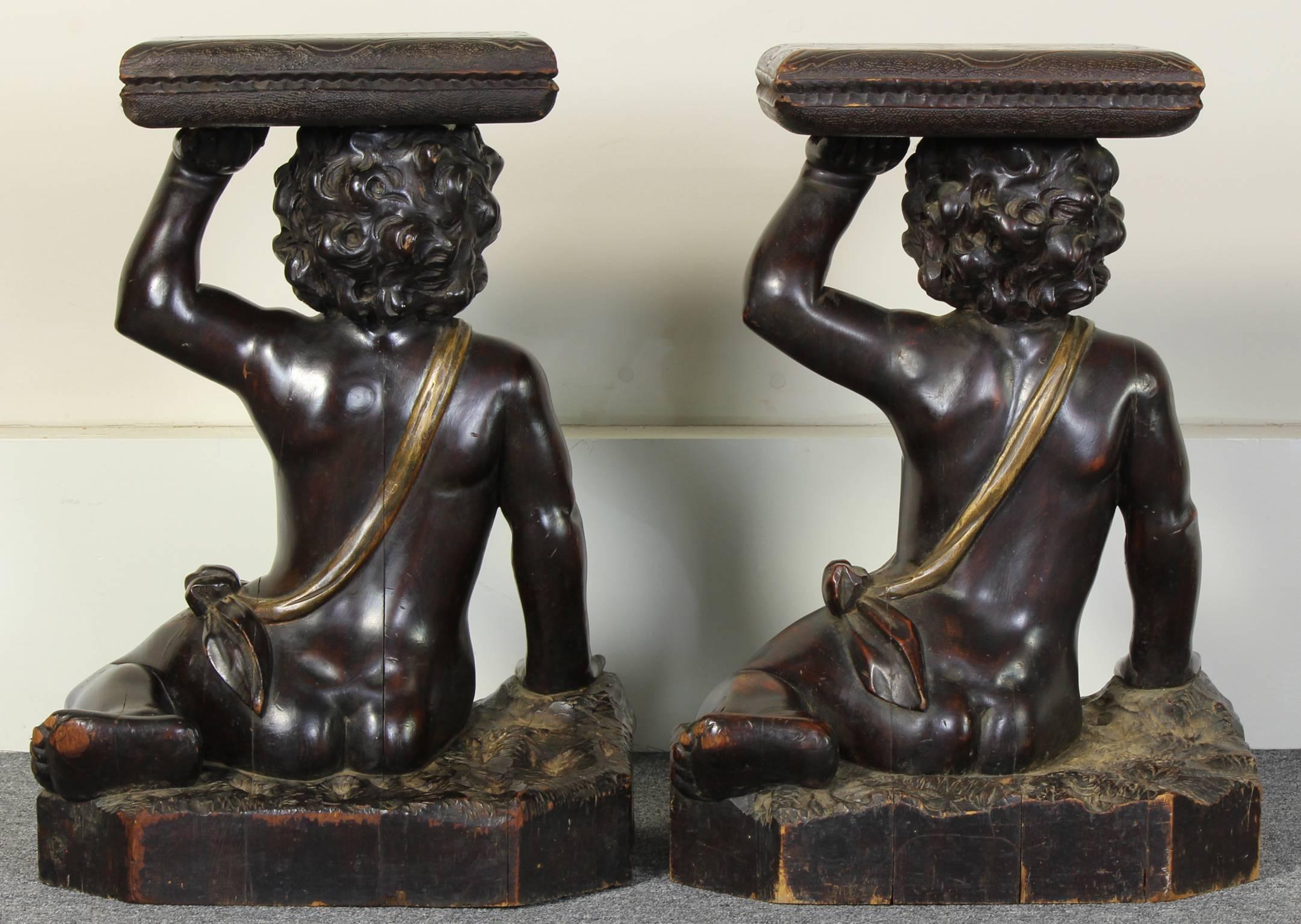 19th Century Pair of Italian Carved Wood Side Tables