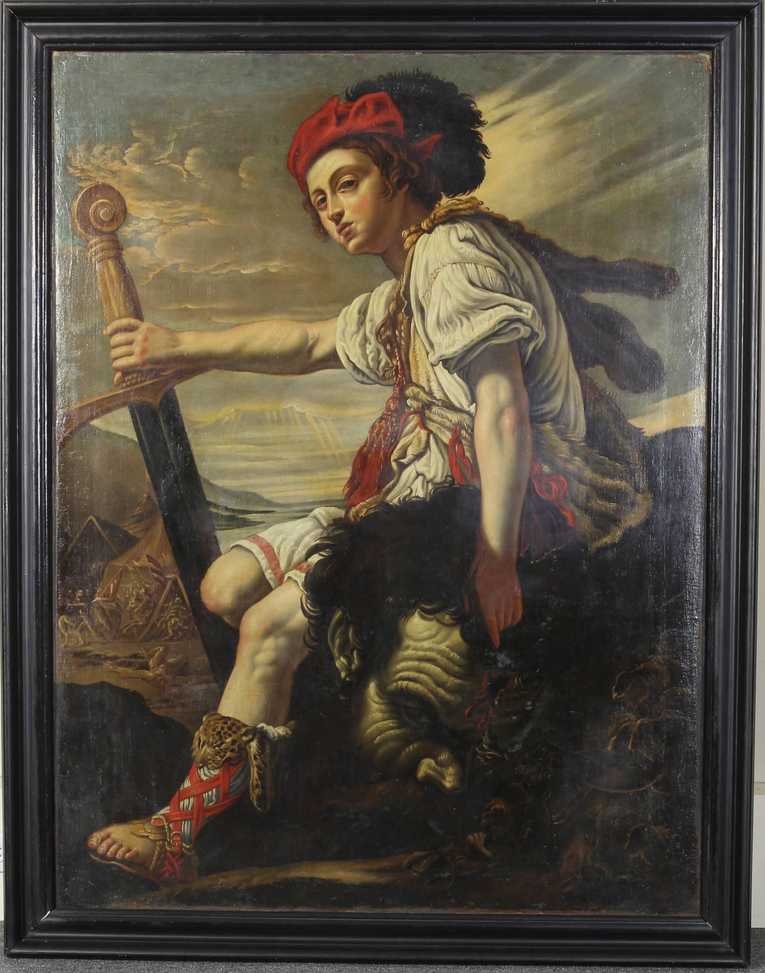 A large and dramatic 19th century oil on canvas portrait of David with the head of Goliath after the Italian Baroque master Domenico Fetti.